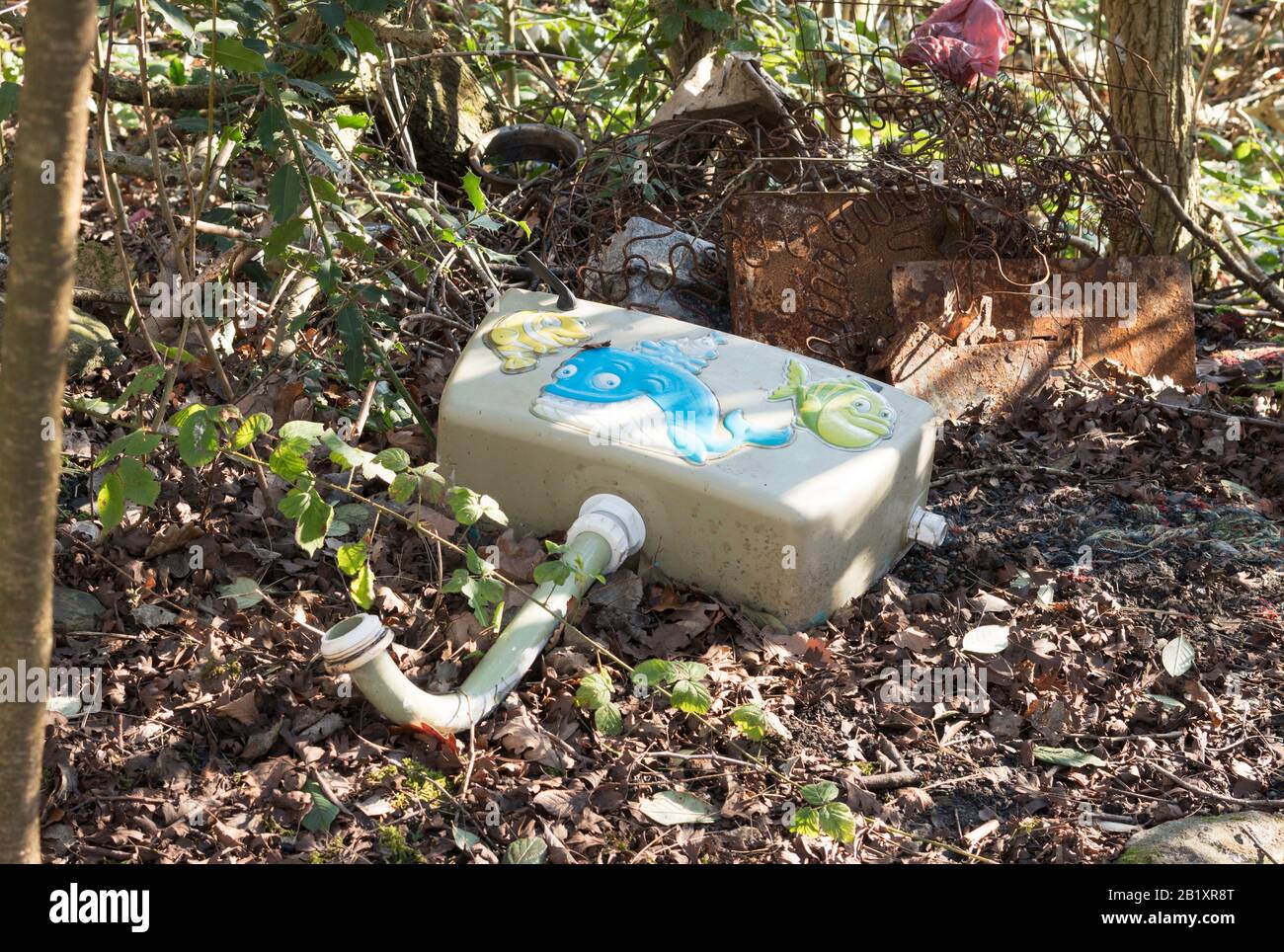 A decorated toilet cistern fly tipped in Boldon Colliery, Tyne and Wear, England, UK Stock Photo