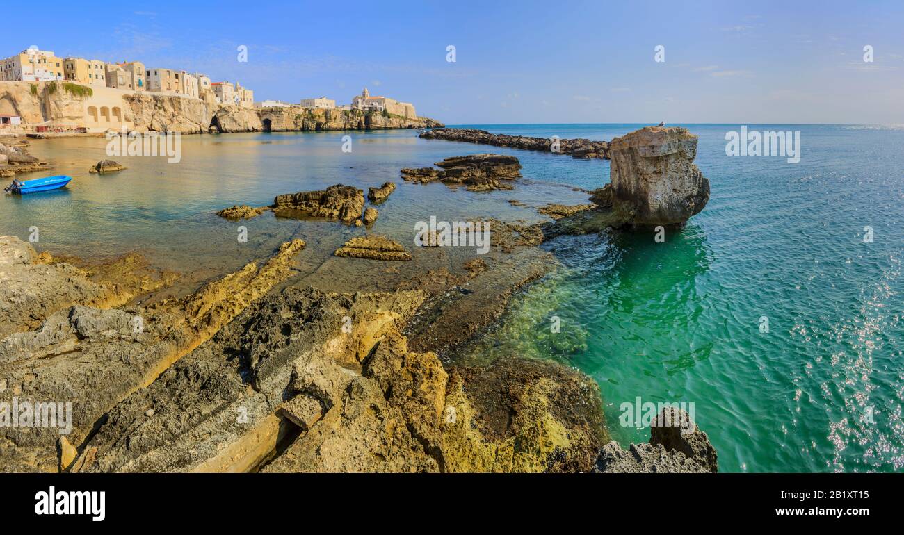 Gargano coast: bay of Vieste, (Apulia) Italy. Panoramic view of the old town. Stock Photo