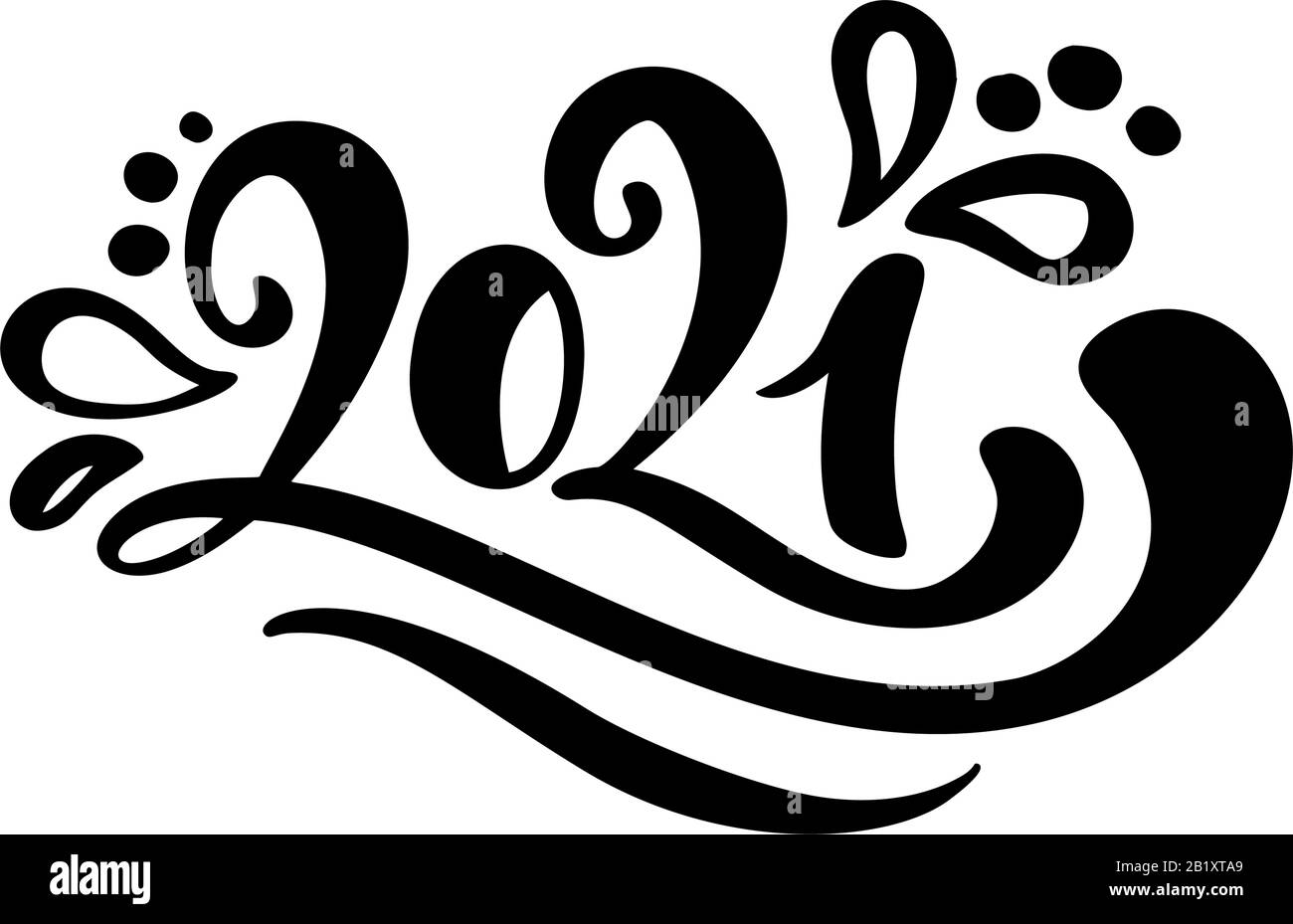 Vector calligraphic 2021 text. Christmas and Happy New Year concept design with calligraphy brush text on white background. Hand drawn lettering Stock Vector