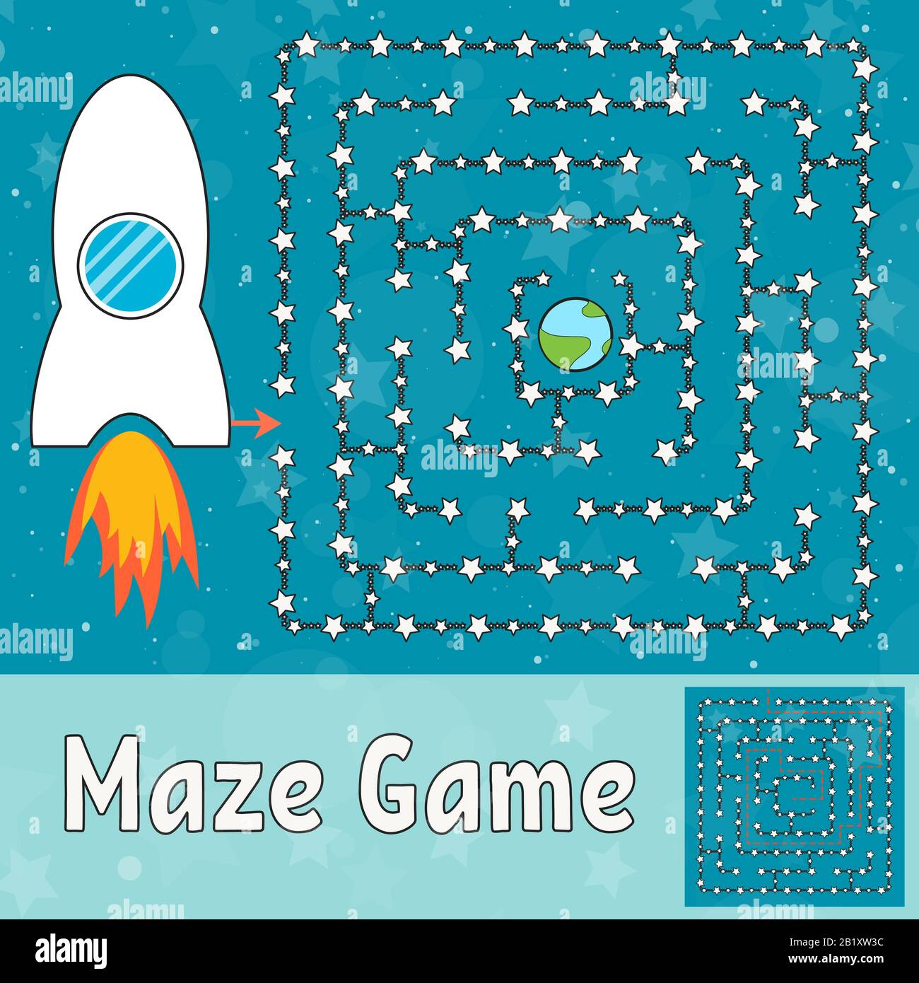 Simple maze. Help the rocket find its way to the earth. Game for kids. Puzzle for children. Labyrinth conundrum. Flat vector illustration isolated on Stock Vector