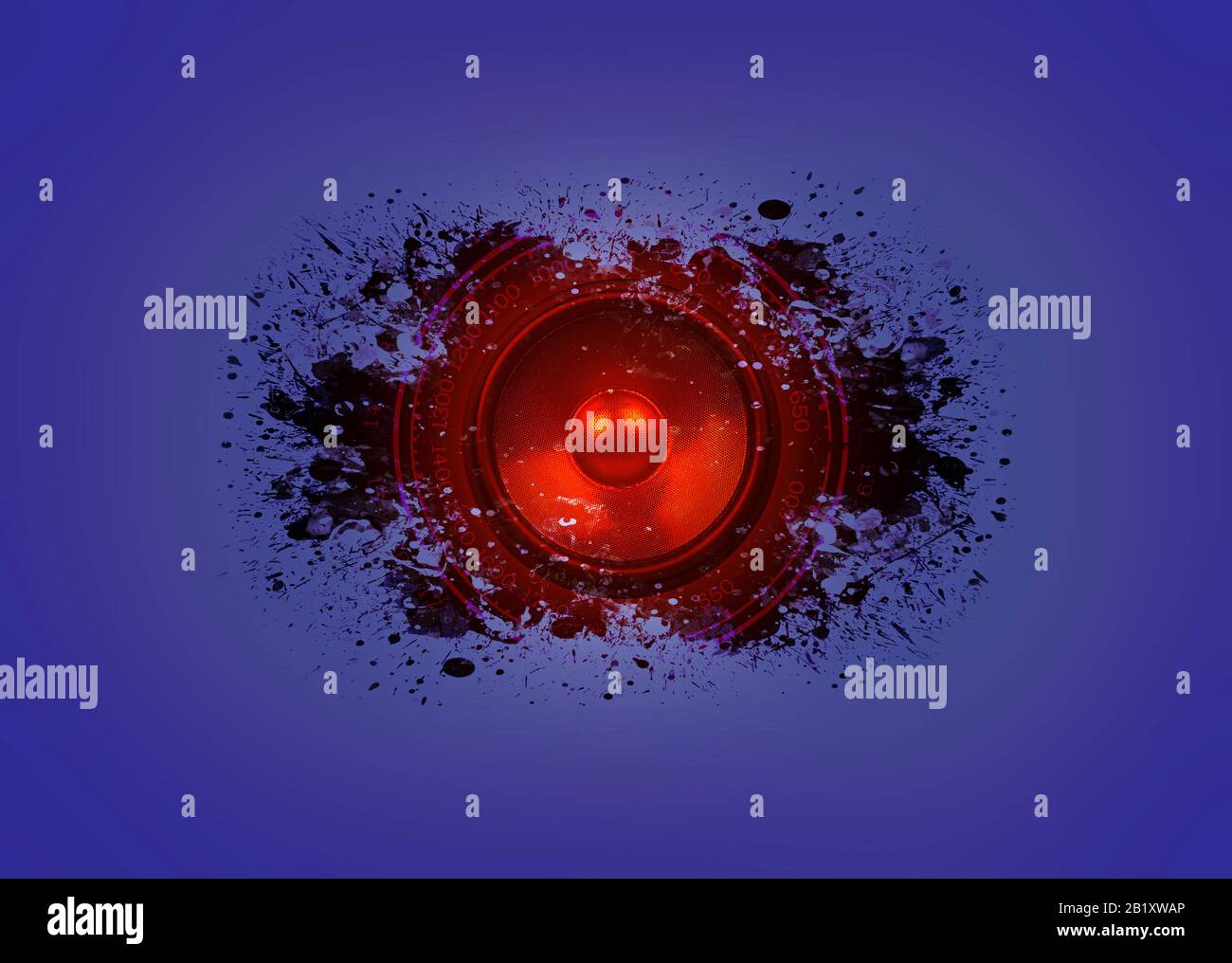 Red music speaker on a blue background with paint splashes Stock Photo