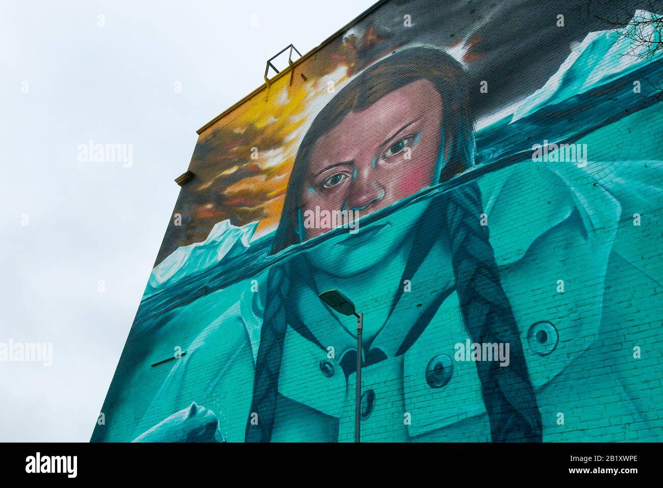 Bristol, UK.  28th February 2020.  The Mural of Greta Thunberg painted by Bristol artist Jody Thomas on a wall of the Tobacco Factory in Southville, Bristol, UK.  Greta Thungberg is expected to visit it after attending the Bristol Youth Strike For Climate protest this morning. Picture Credit: Graham Hunt/Alamy Live News Stock Photo