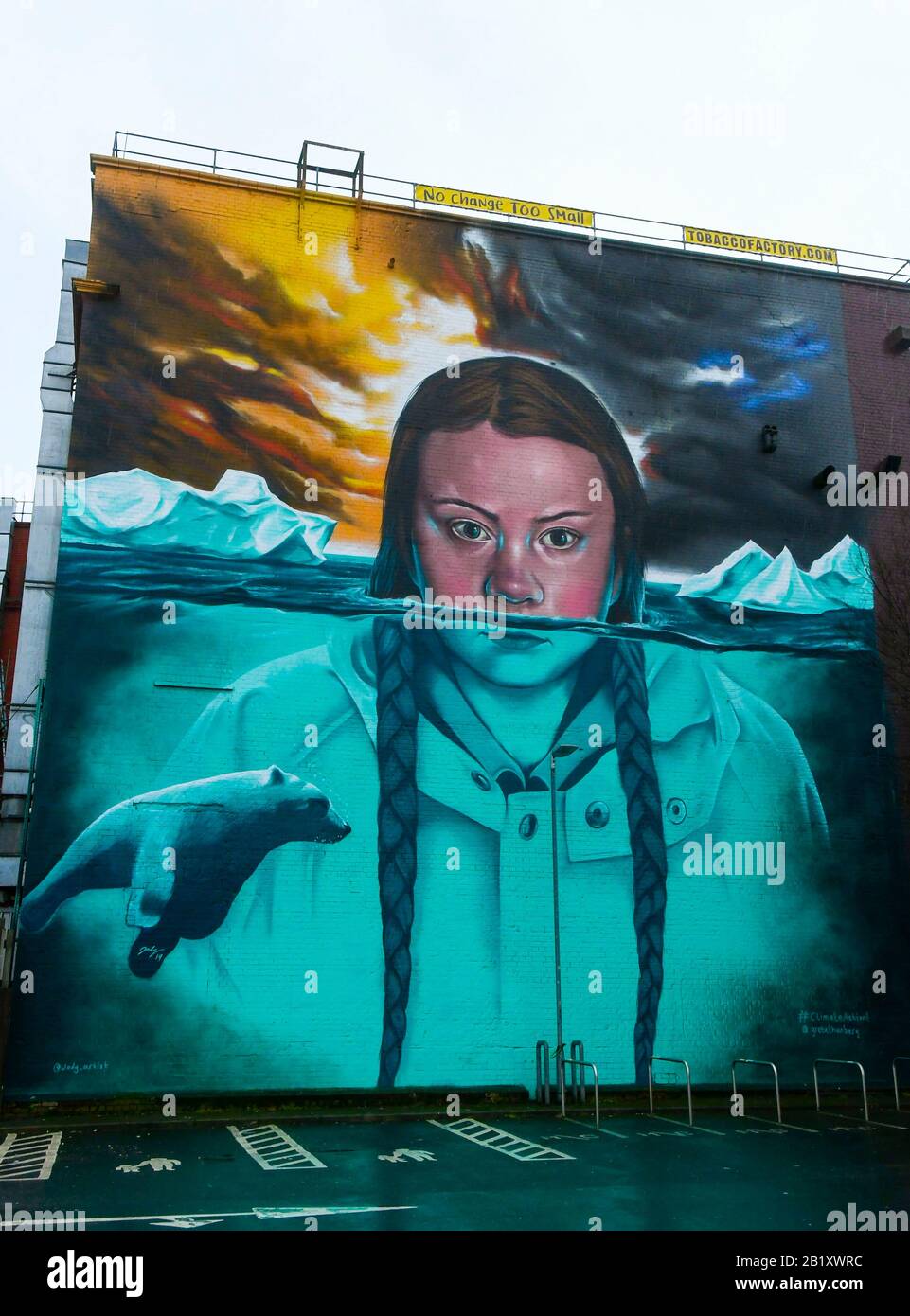 Bristol, UK.  28th February 2020.  The Mural of Greta Thunberg painted by Bristol artist Jody Thomas on a wall of the Tobacco Factory in Southville, Bristol, UK.  Greta Thungberg is expected to visit it after attending the Bristol Youth Strike For Climate protest this morning. Picture Credit: Graham Hunt/Alamy Live News Stock Photo