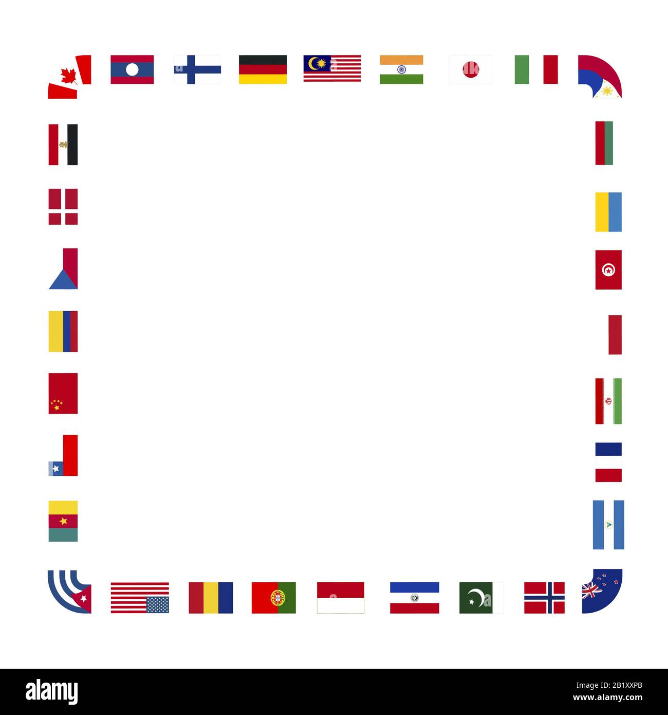 A lot of flags of sovereign states arranged in square frame on a white background Stock Vector