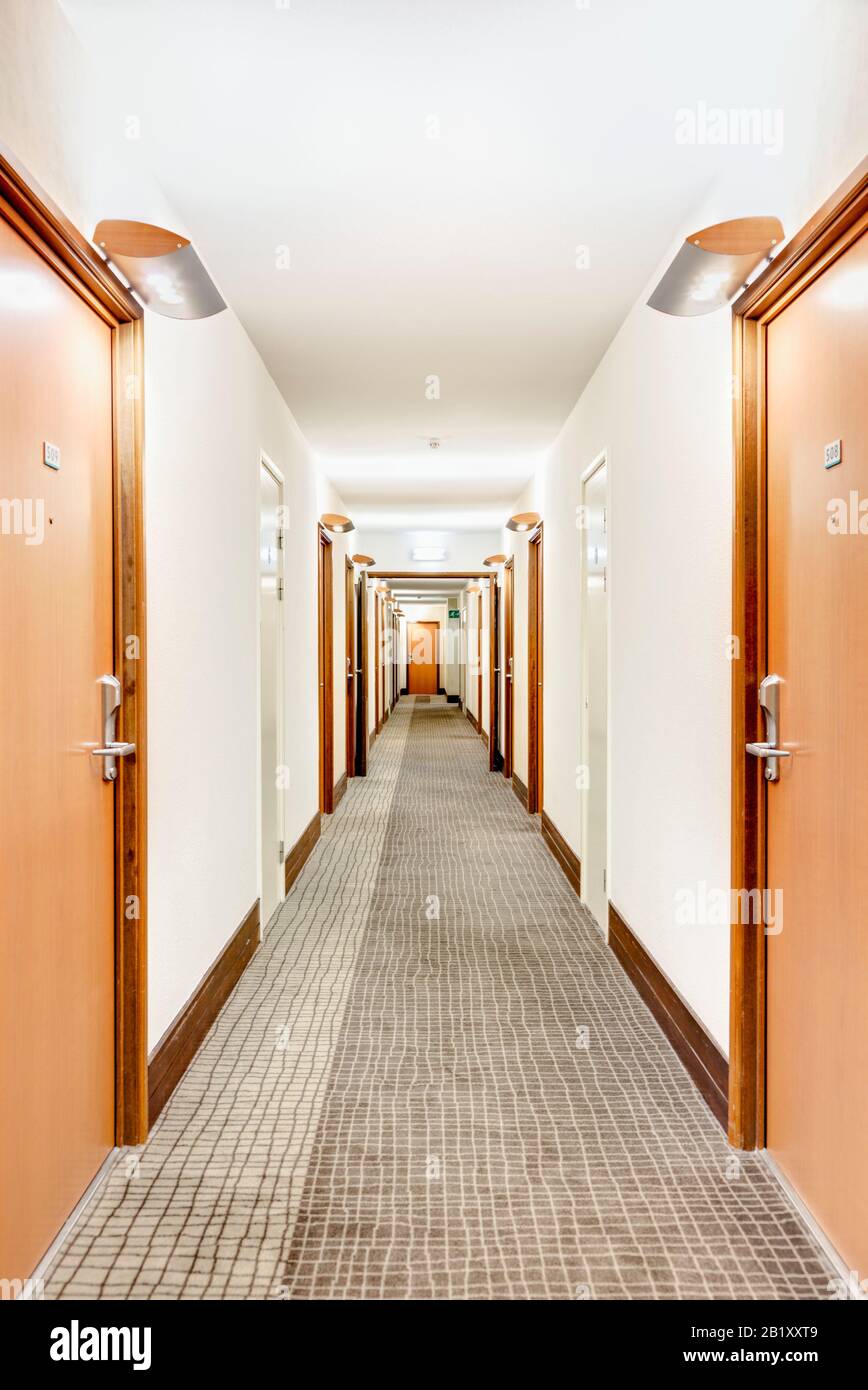 Long hotel corridor, England UK Stock Photo