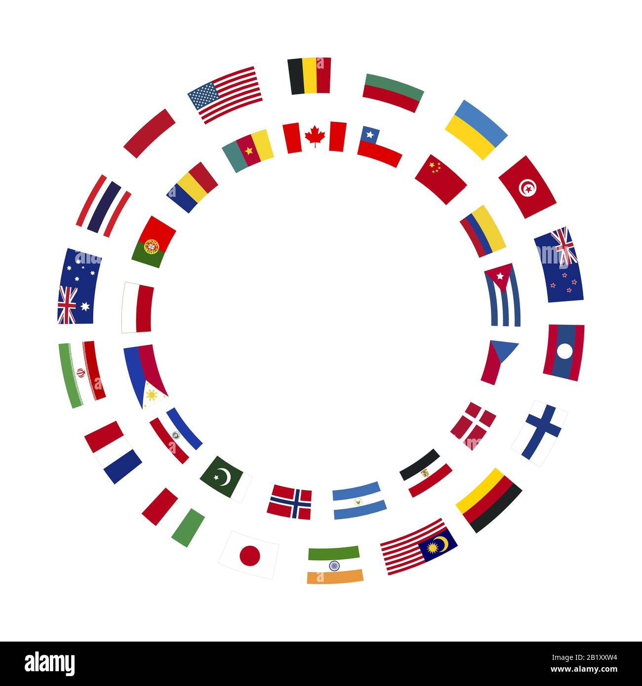 A lot of flags of sovereign states arranged in two circles on a white background Stock Vector