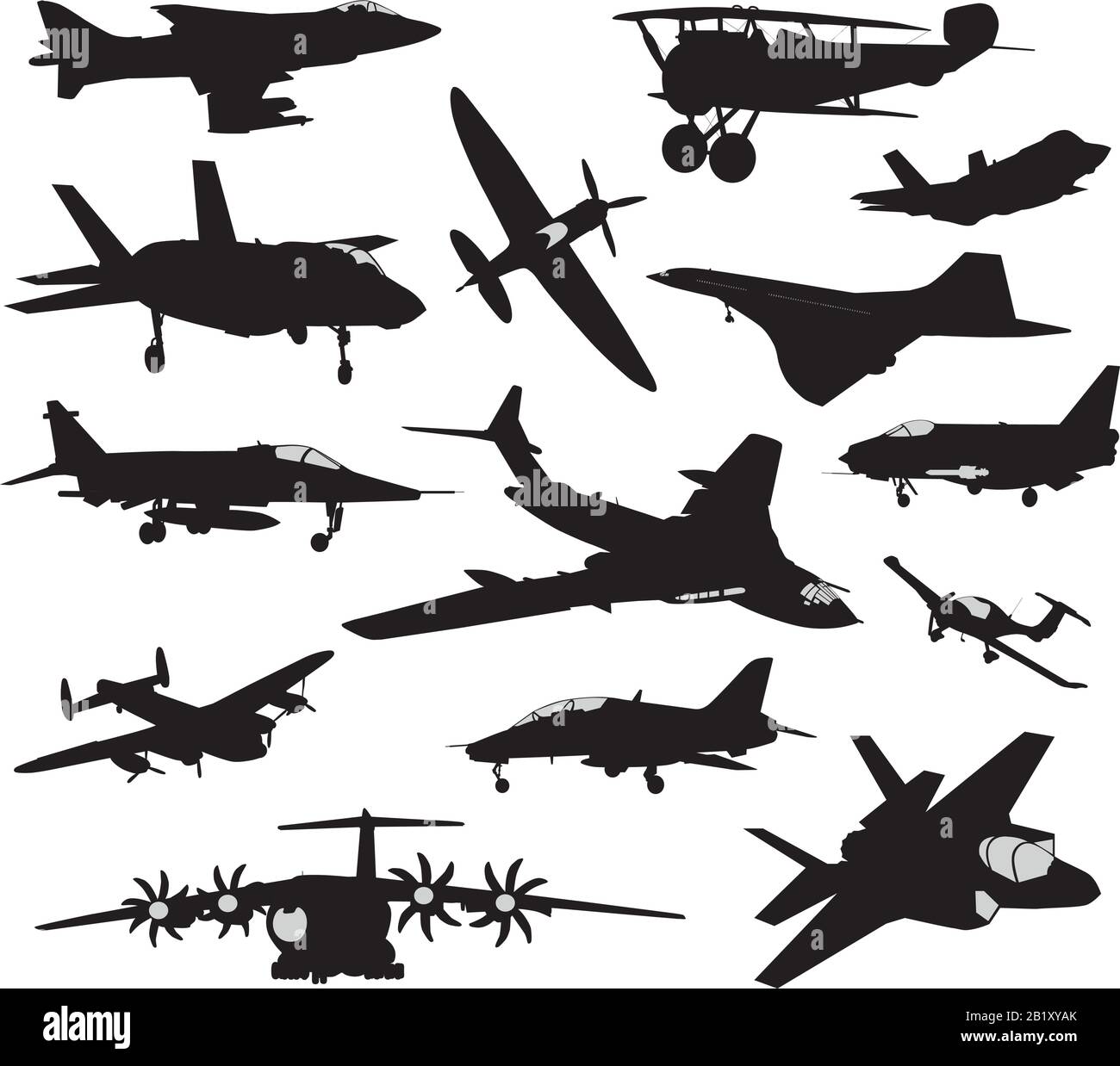 Military and civil vector aircraft silhouettes collection. Retro and modern Stock Vector