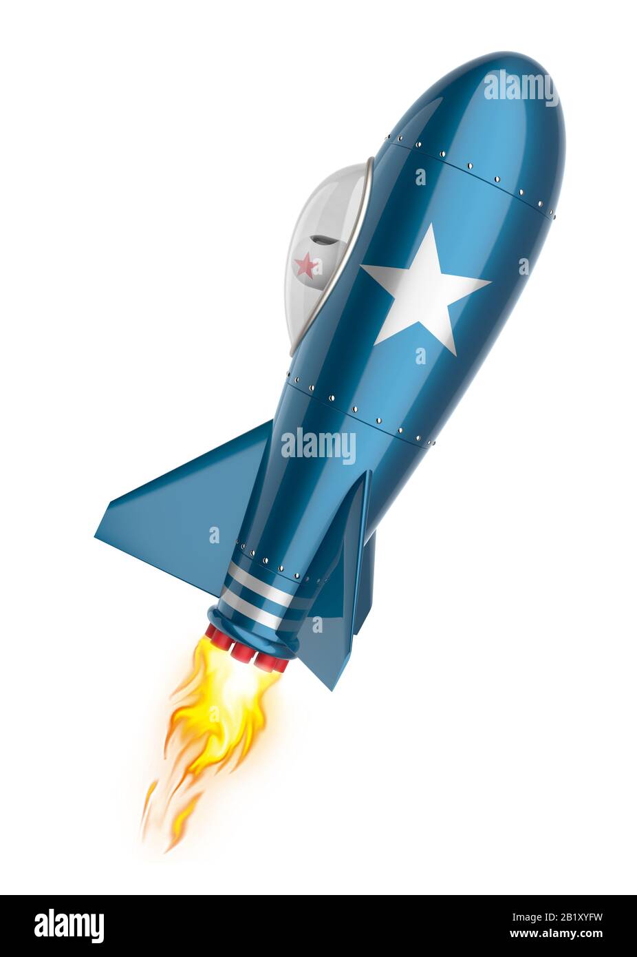 Vintage rocket flies into orbit with the pilot, isolated on white background, 3D rendering. Stock Photo