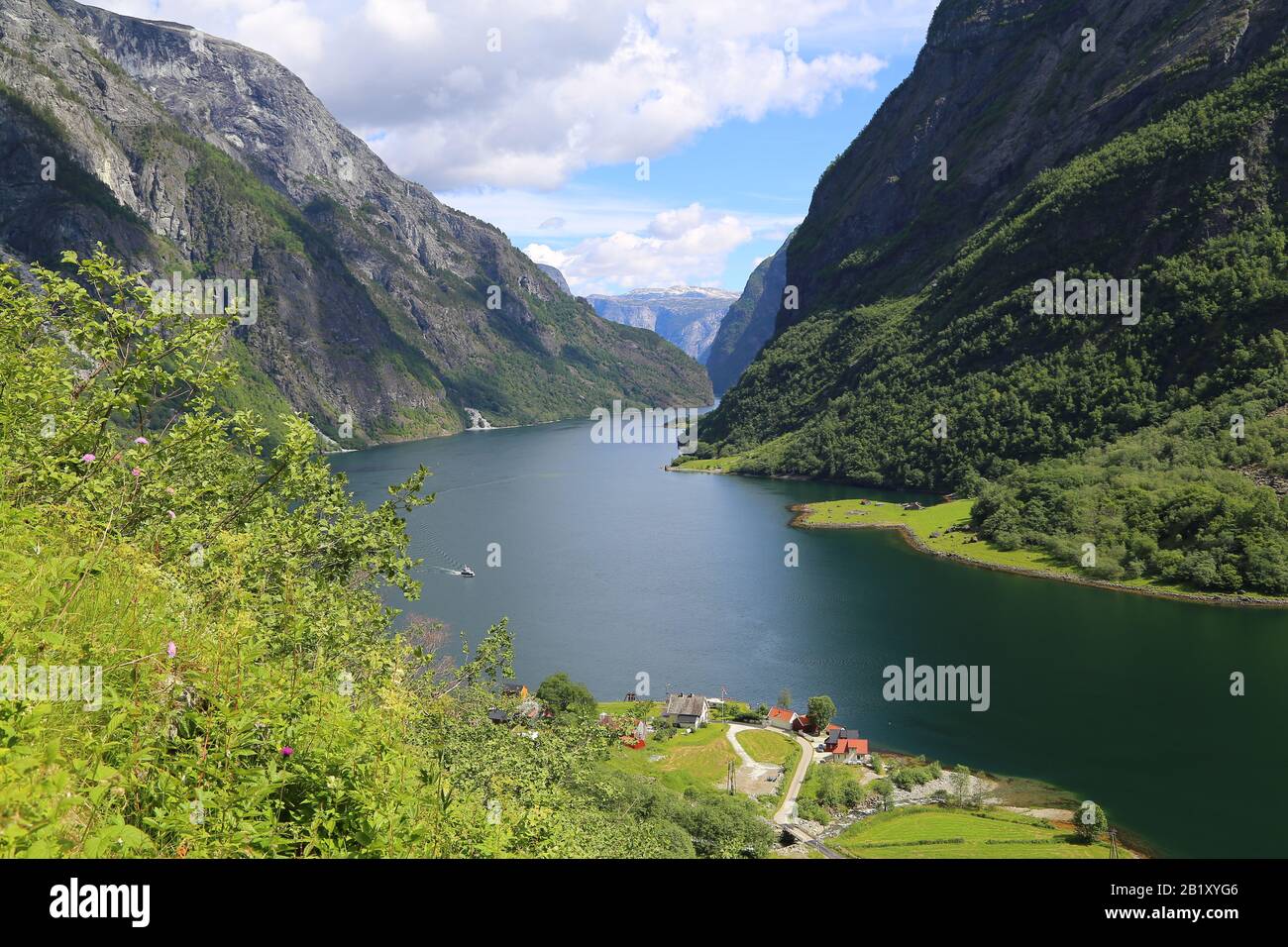 Naeroyfjord idyllic fjord landscape reflection, ship ferry, Norway, scandinavia Stock Photo