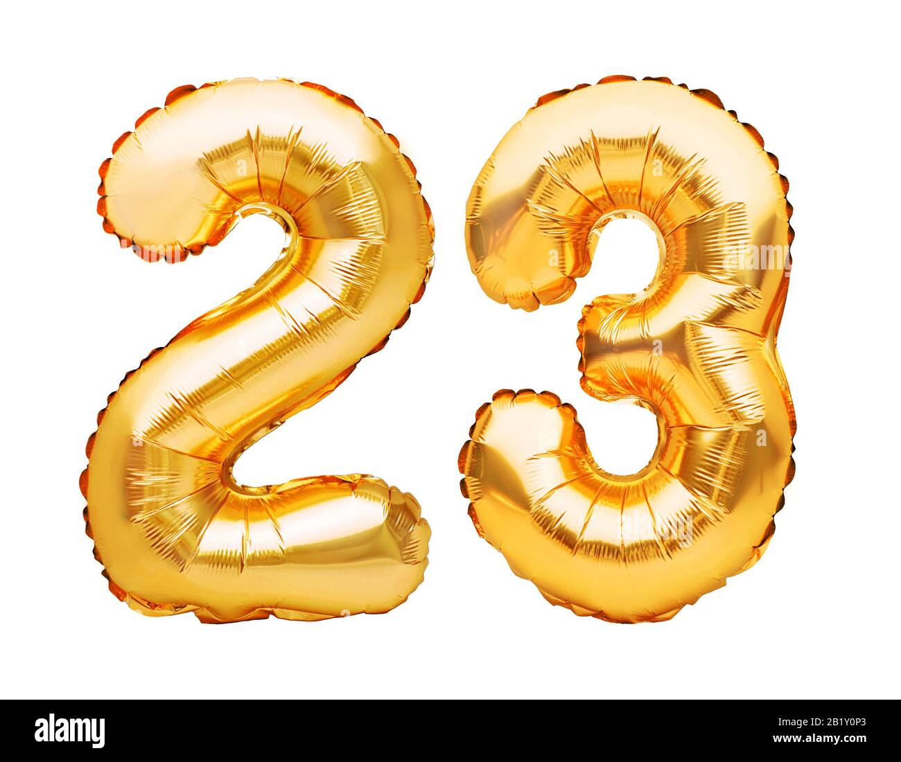 banaan Handvol Coördineren Number 23 twenty three made of golden inflatable balloons isolated on  white. Helium balloons, gold foil numbers. Party decoration, anniversary  sign fo Stock Photo - Alamy