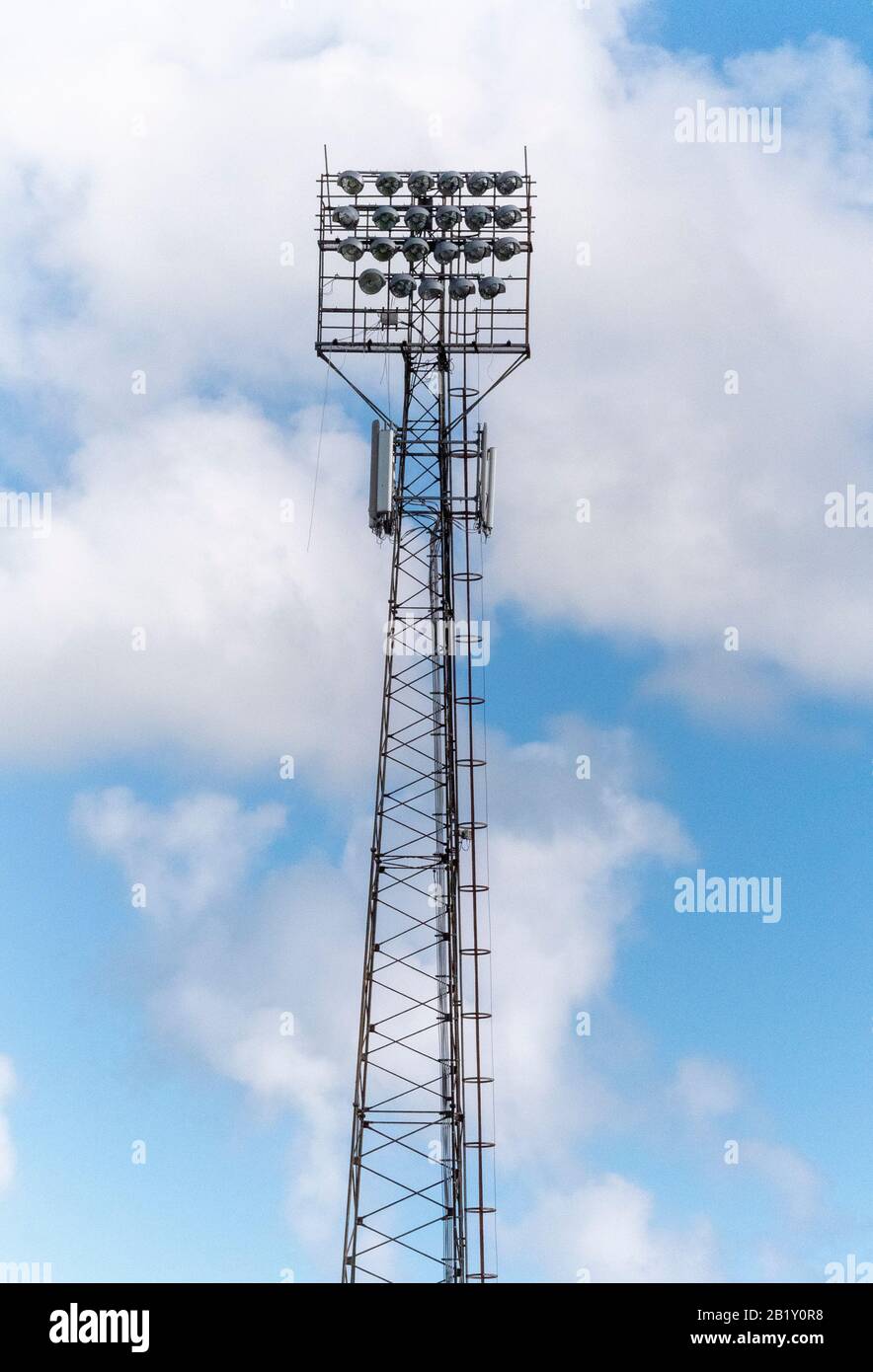 Floodlight pylon at Fratton Park home of Portsmouth football club - the first ever floodlit Football League game in 1956, Portsmouth, Hampshire, UK Stock Photo
