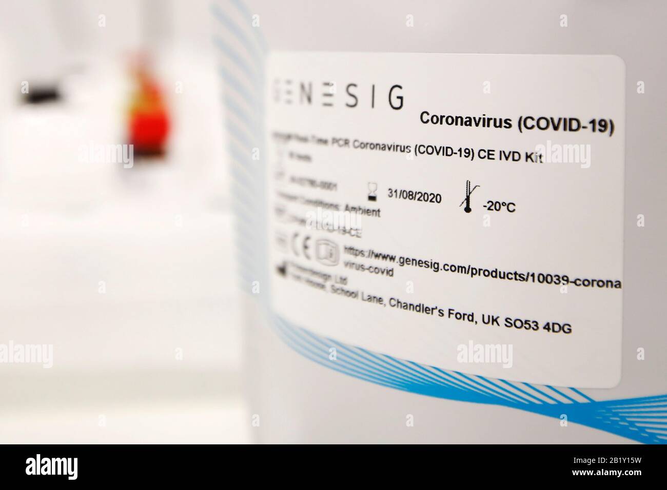 External packaging of a Coronavirus COVID19 detection kit, at the Novacyt, Primerdesign offices