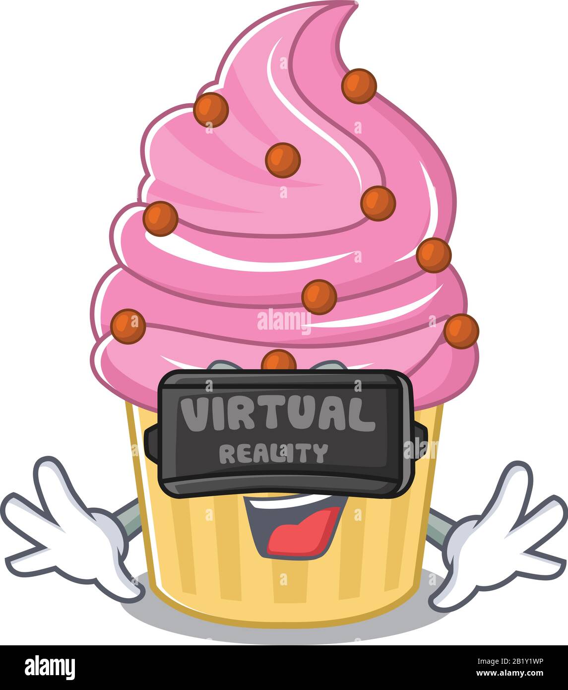 A Picture of strawberry cupcake character wearing Virtual reality headset Stock Vector