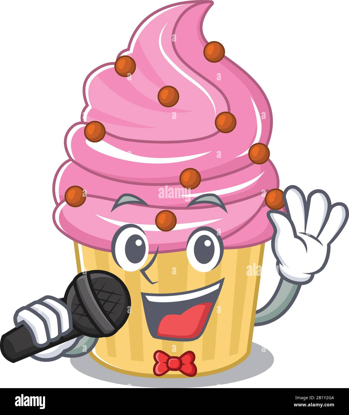 Happy strawberry cupcake singing on a microphone Stock Vector Image