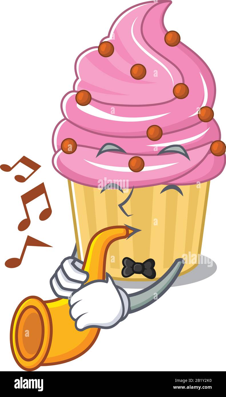 mascot design concept of strawberry cupcake playing a trumpet Stock Vector