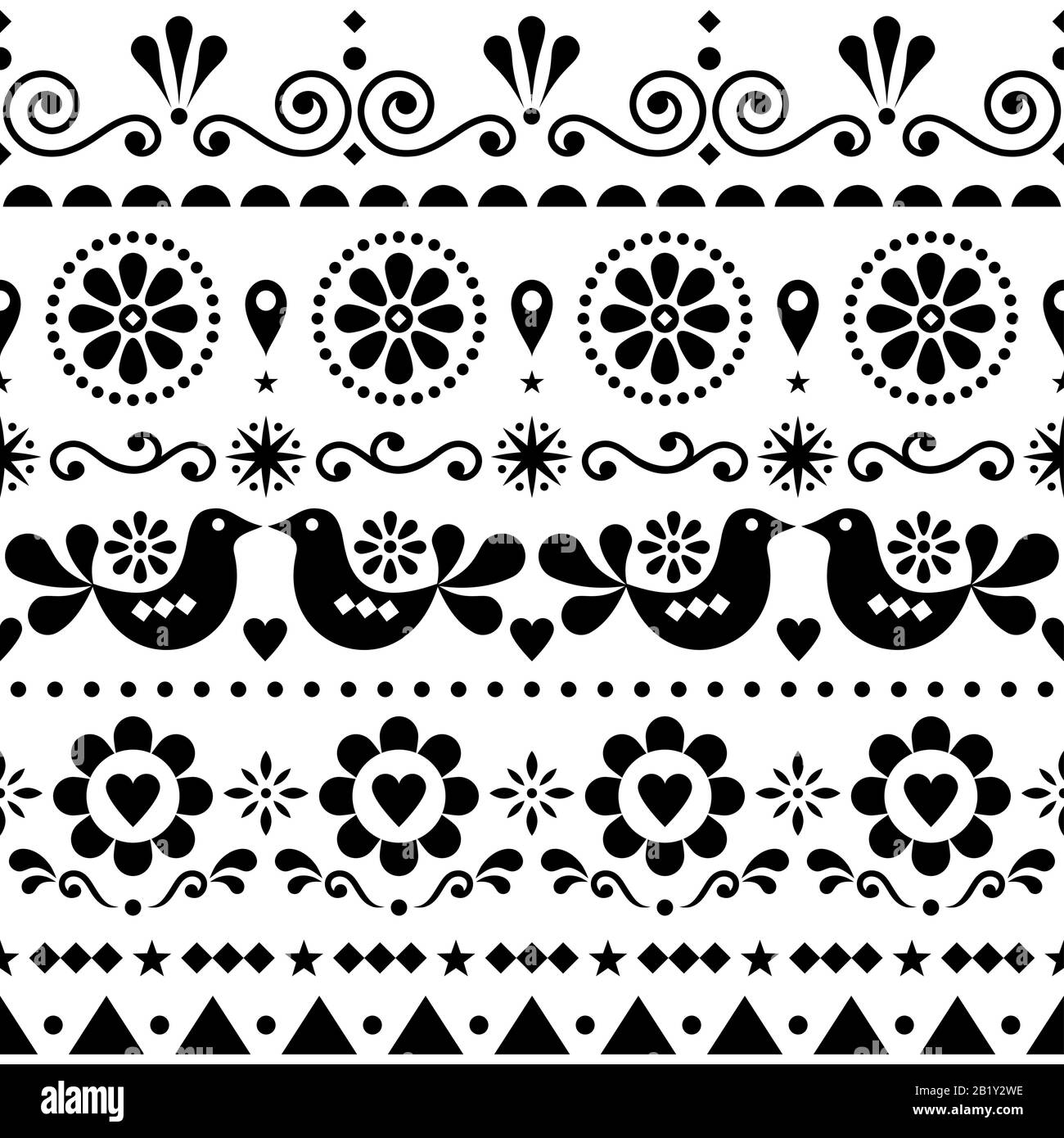 Scandinavian seamless vector pattern folk art style, repetitive cute Nordic design with birds in black on white background Stock Vector