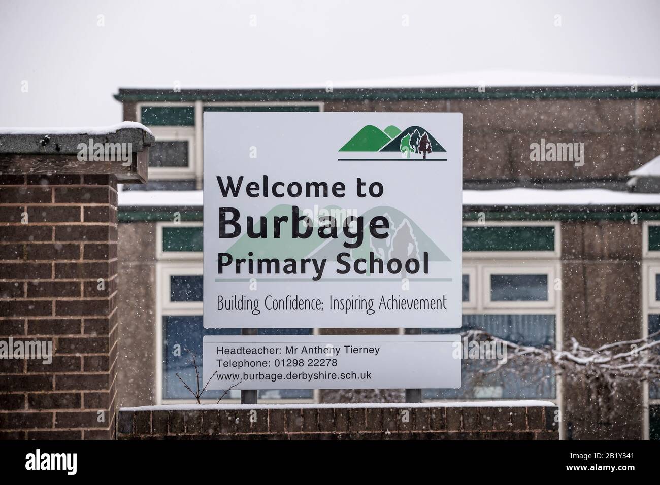Burbage Primary School in Buxton, Derbyshire, which has been closed due to a 'confirmed case of coronavirus amongst our parent population'. Stock Photo