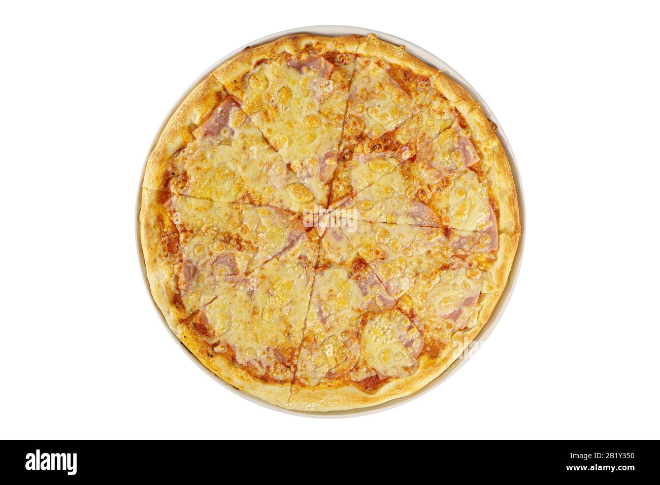Pizza whole round, cut into pieces, on a white isolated background ...