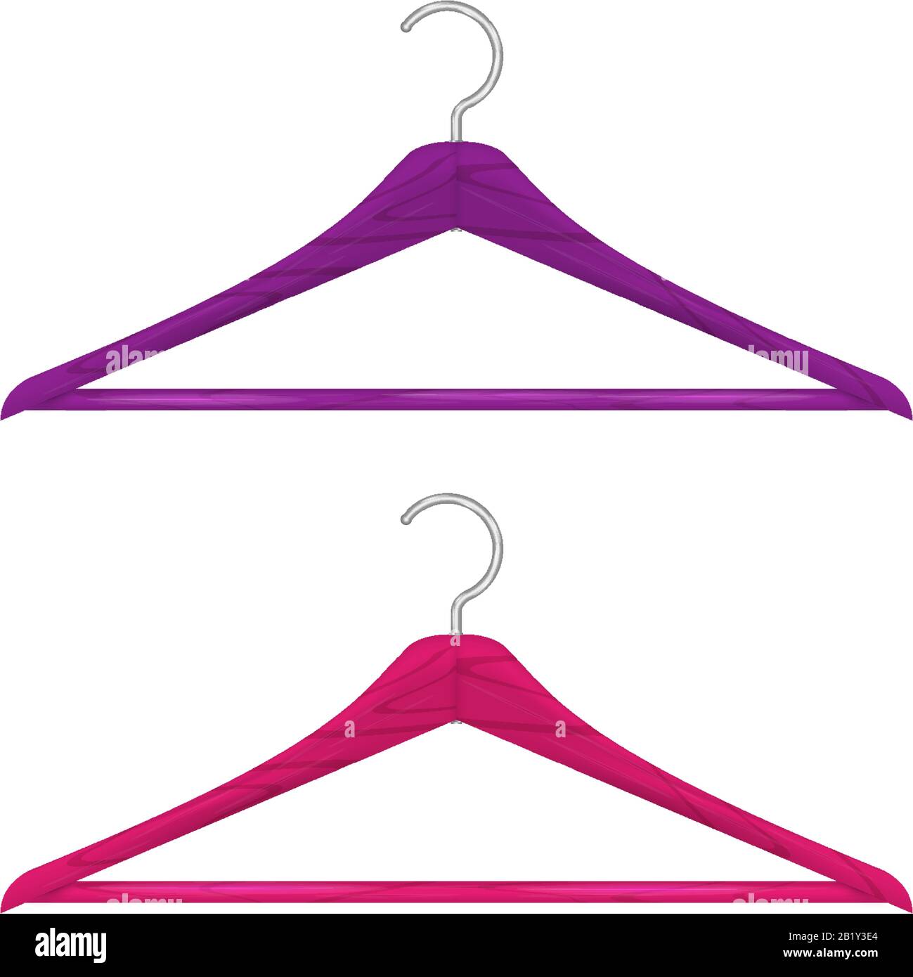 Realistic wooden clothes hanger set isolated on white. Saturated pink and purple hangers. Vector illustration. Stock Vector