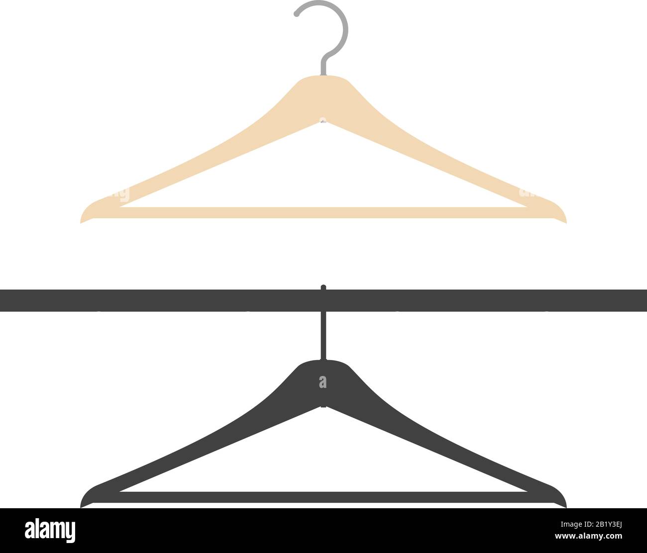 Flat style and silhouette wooden clothes hanger set isolated on white. One hanging on the wall, the other on the wardrobe bar. Vector illustration. Stock Vector