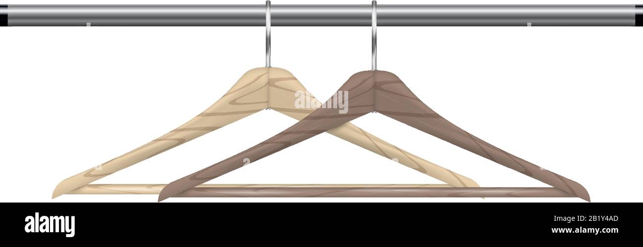 Realistic wooden clothes hanger set isolated on white. Light brown and dark brown hanger hanging on the wardrobe bar. Vector illustration. Stock Vector
