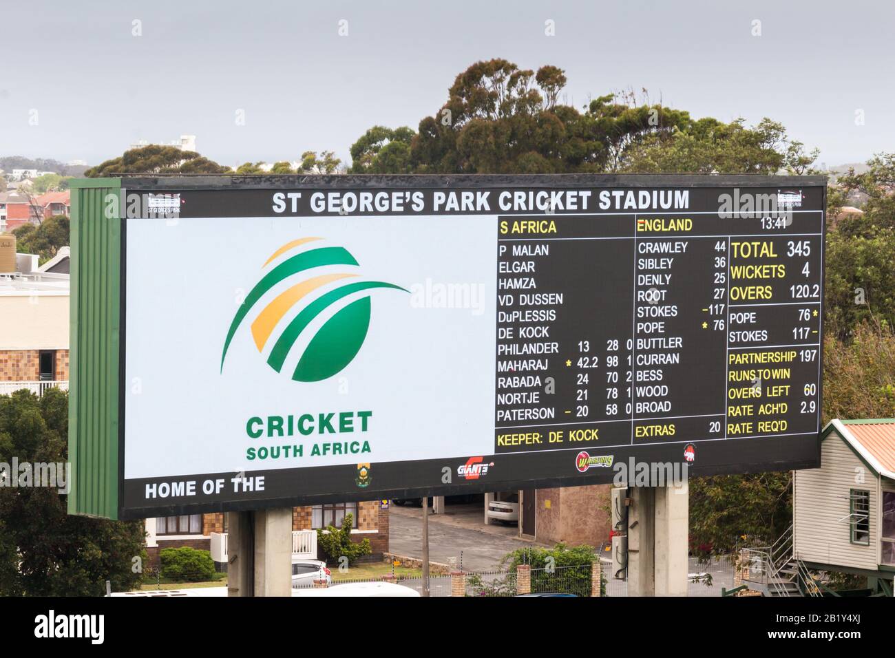 PORT ELIZABETH, SOUTH AFRICA - JANUARY 17 2020: View  of digital scoreboard of test series cricket match between England and South Africa at St George Stock Photo