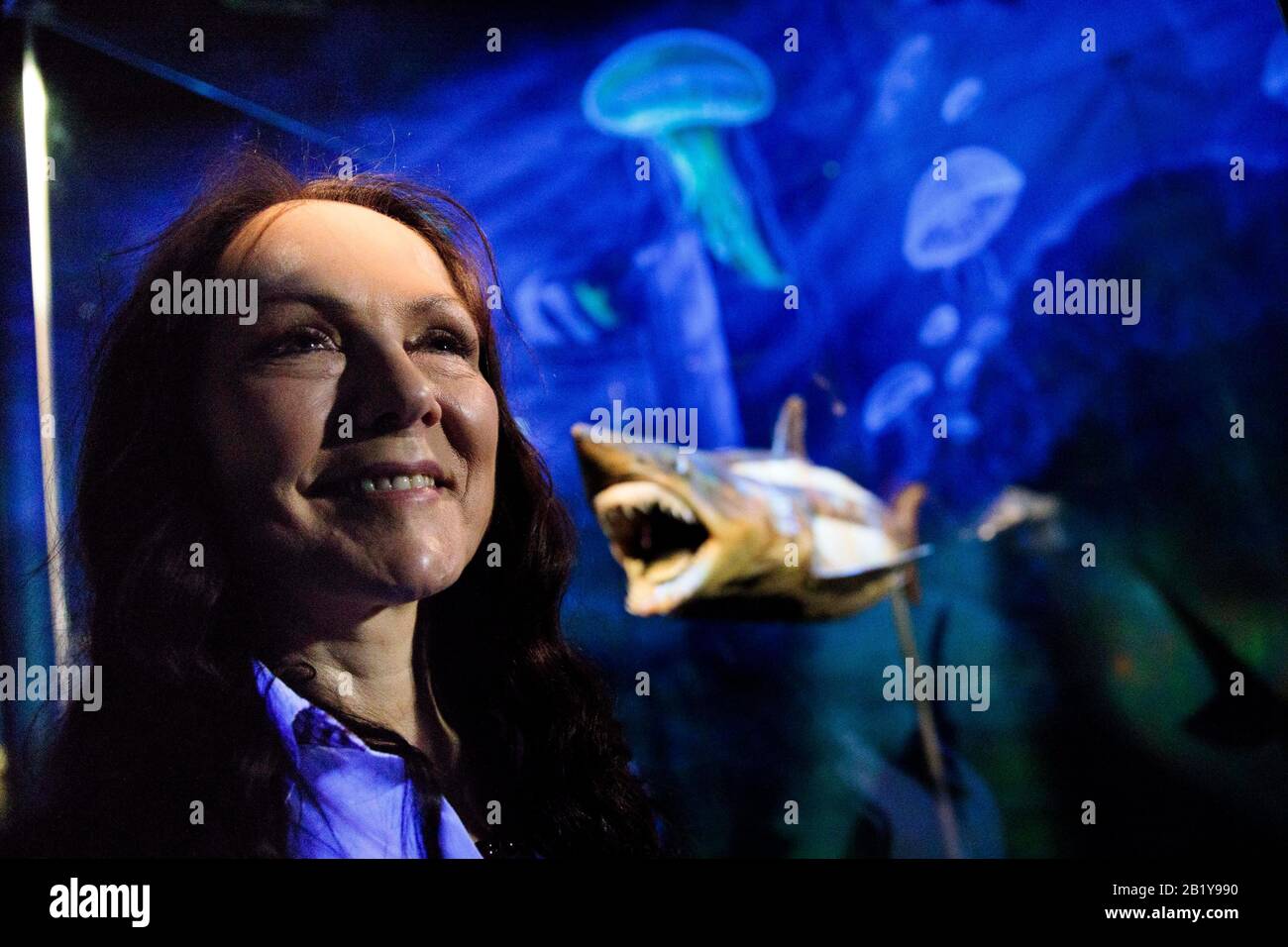 Berlin, Germany. 28th Feb, 2020. Angelina Whalley, curator of all Body Worlds exhibitions, is standing next to the showcase of an exhibited shark exhibit of the special exhibition of Body Worlds from the Museum of Man at SEA LIFE. Visitors are shown insights into the anatomy of sea creatures by means of underwater world exhibits. Credit: Carsten Koall/dpa/Alamy Live News Stock Photo