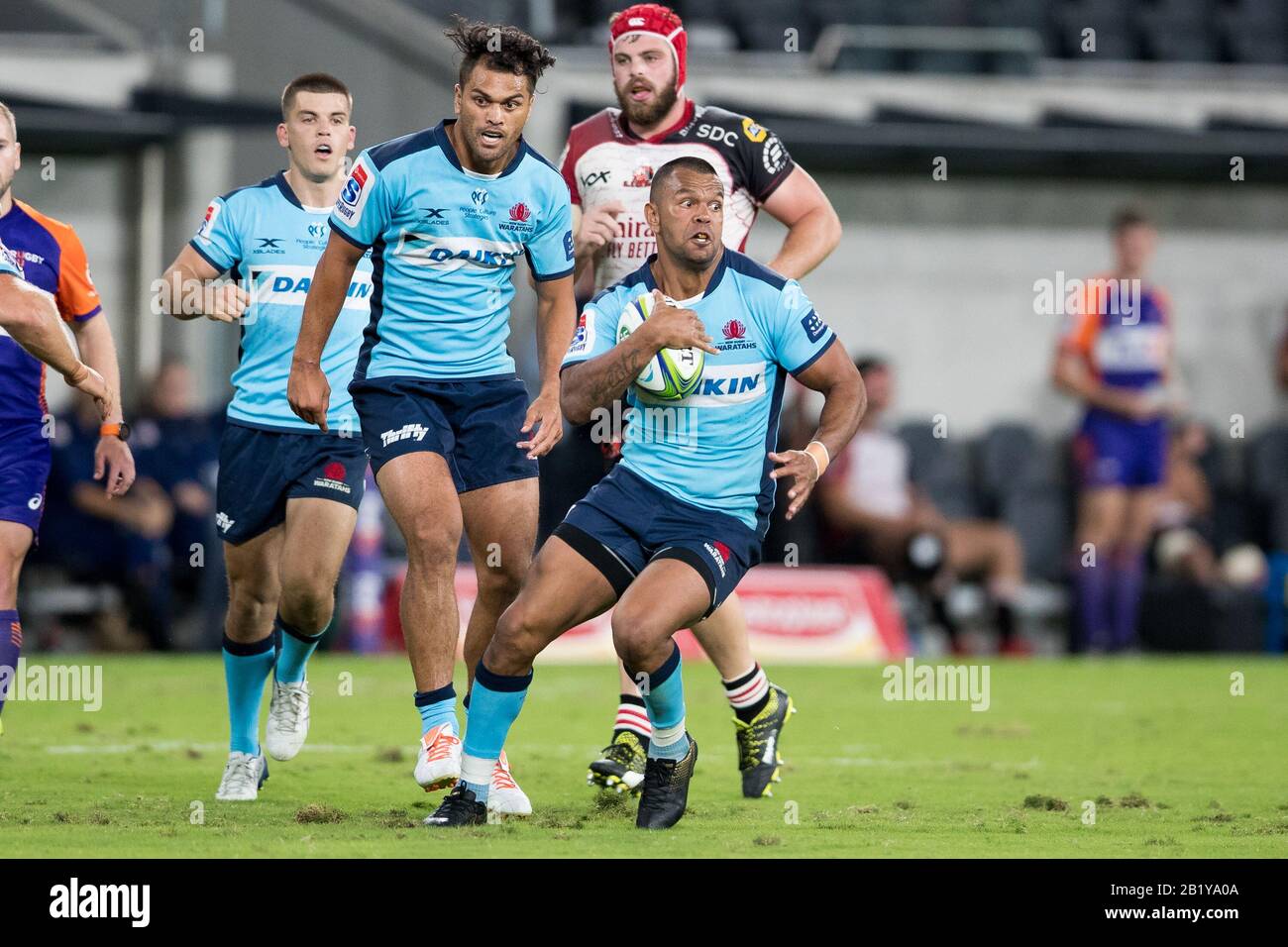 Sydney, Australia. 28th Feb, 2020. Kurtly Beale of Waratahs attacking during the Super Rugby match between NSW Waratahs and Emirates Lions at Bankwest Stadium, Sydney, Australia on 28 February 2020. Photo by Peter Dovgan. Editorial use only, license required for commercial use. No use in betting, games or a single club/league/player publications. Credit: UK Sports Pics Ltd/Alamy Live News Stock Photo