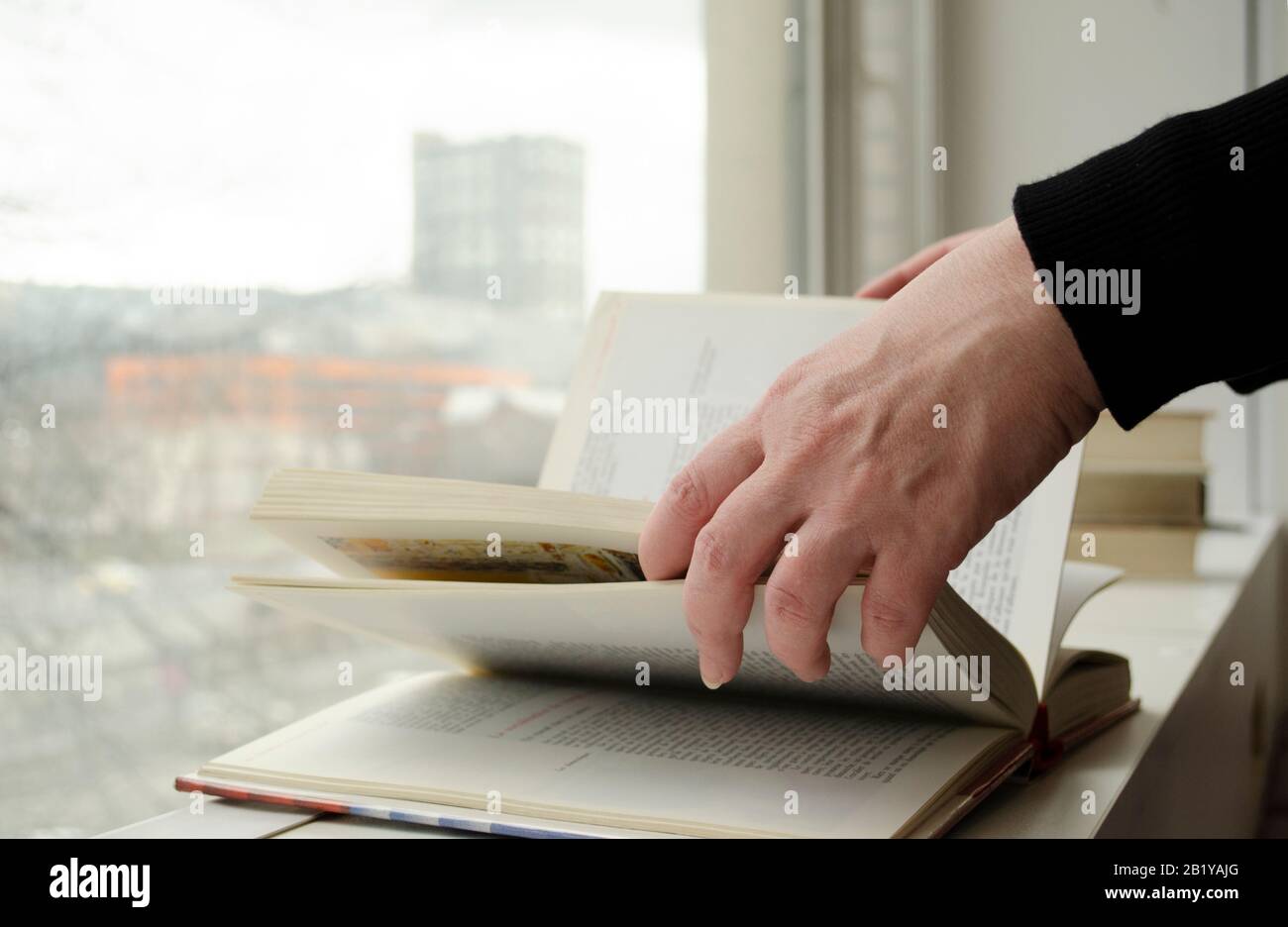 A person reading books near the window. Hands turns over book page. Stock Photo