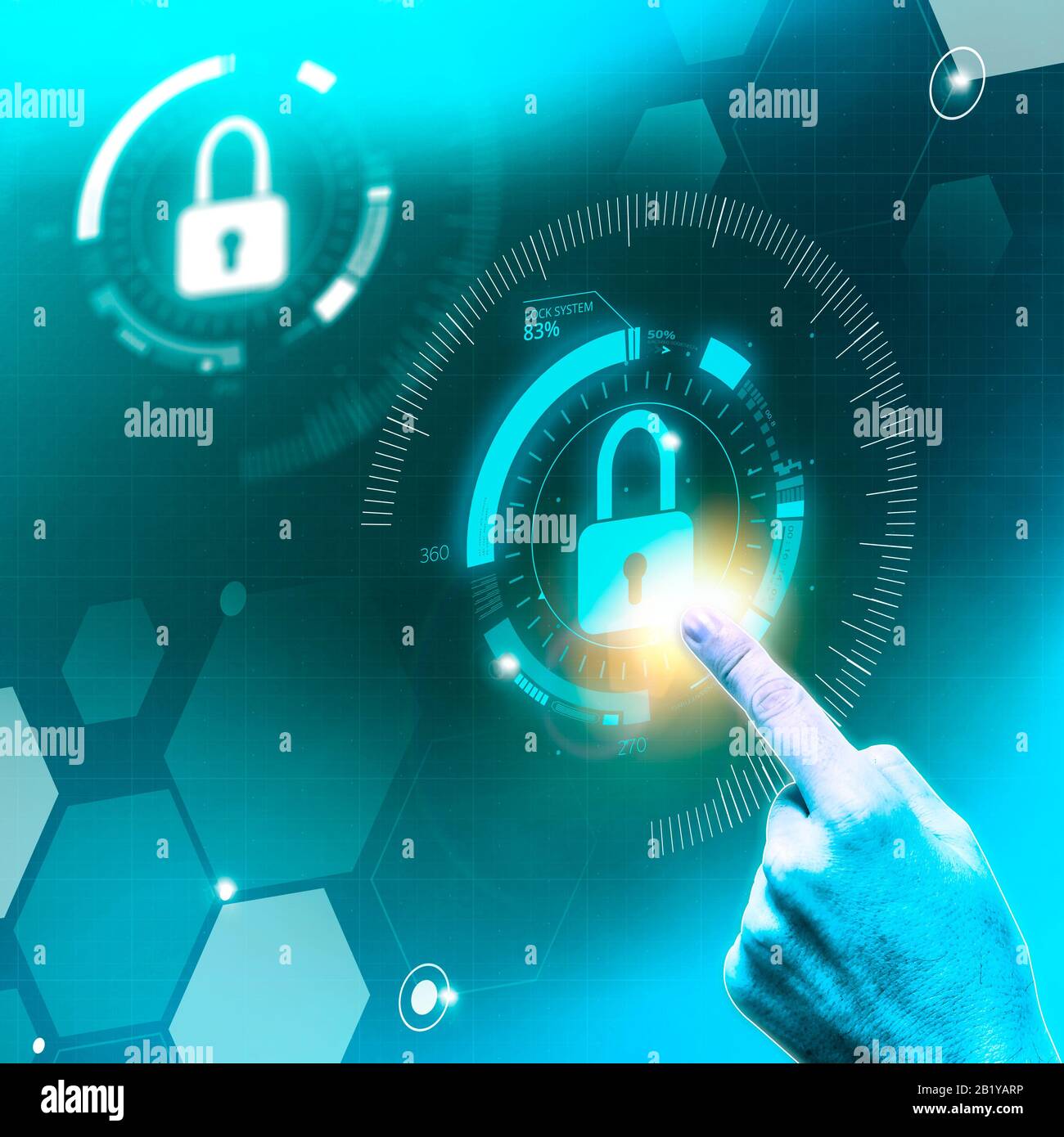 Finger clicking on a display with a lock icon.  HUD display showing stages of hacking in progress: exploiting vulnerability, Granted Access Stock Photo