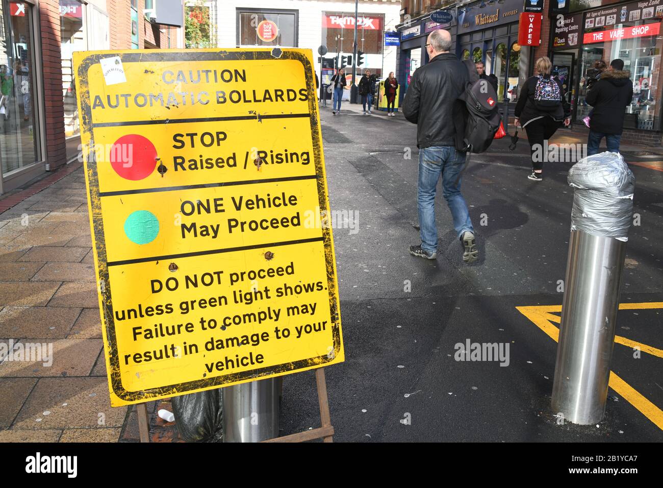 traffic calming bollards in city centre united kingdom Stock Photo