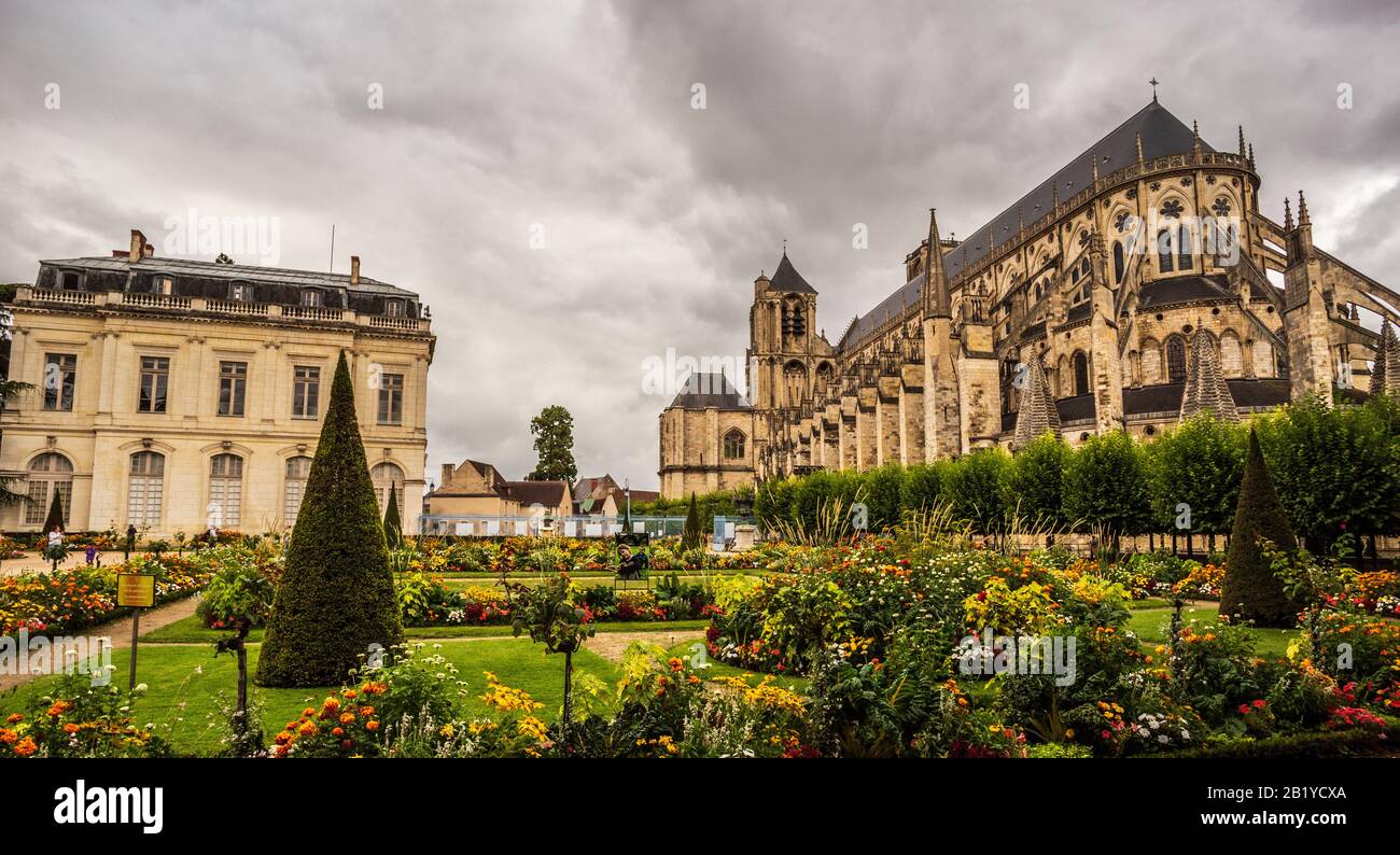 Gardens of city hall and Cathedral in Bourges, Centre, France Stock ...