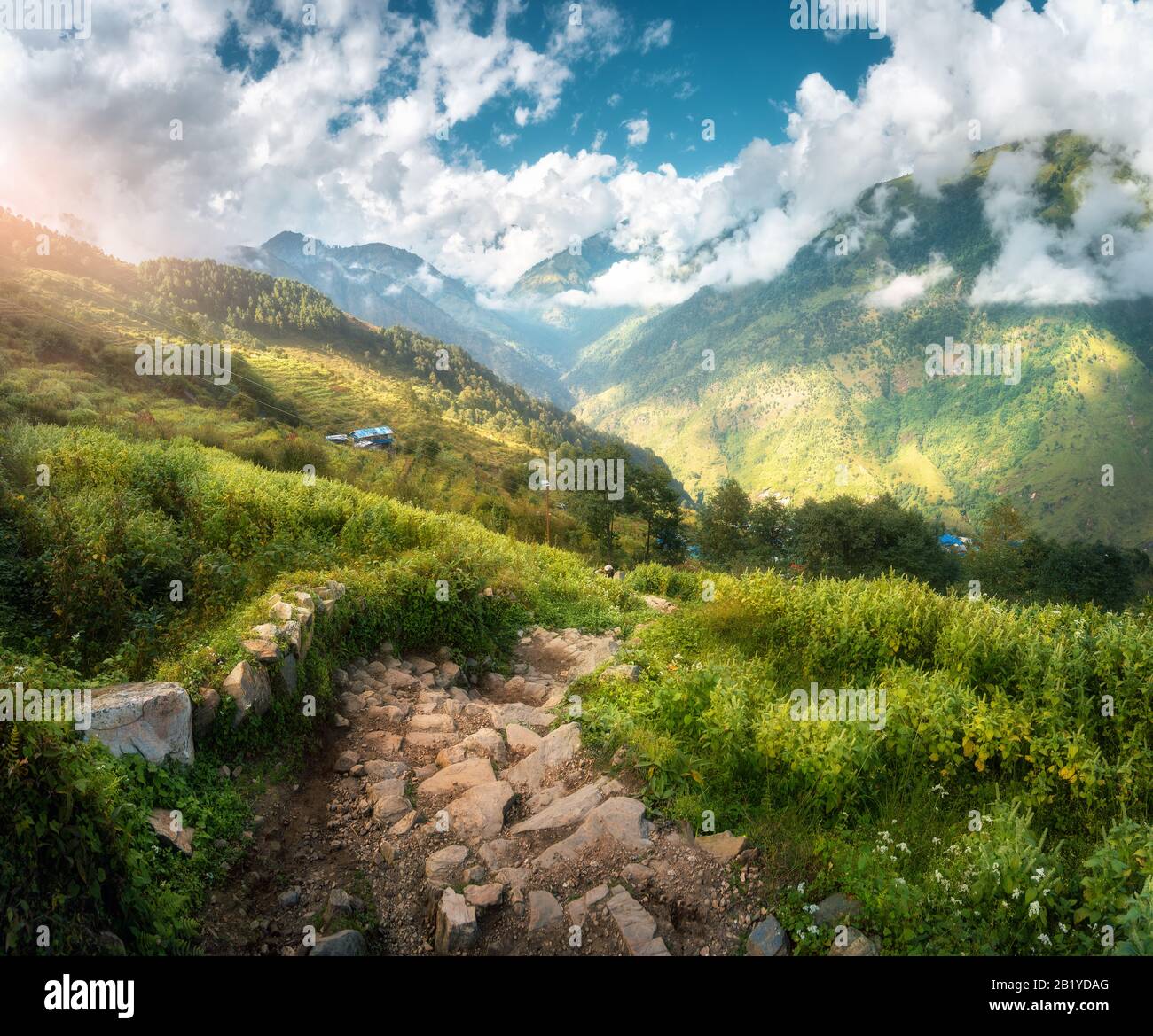 Beautiful stone trail in mountain valley at sunset in spring Stock Photo