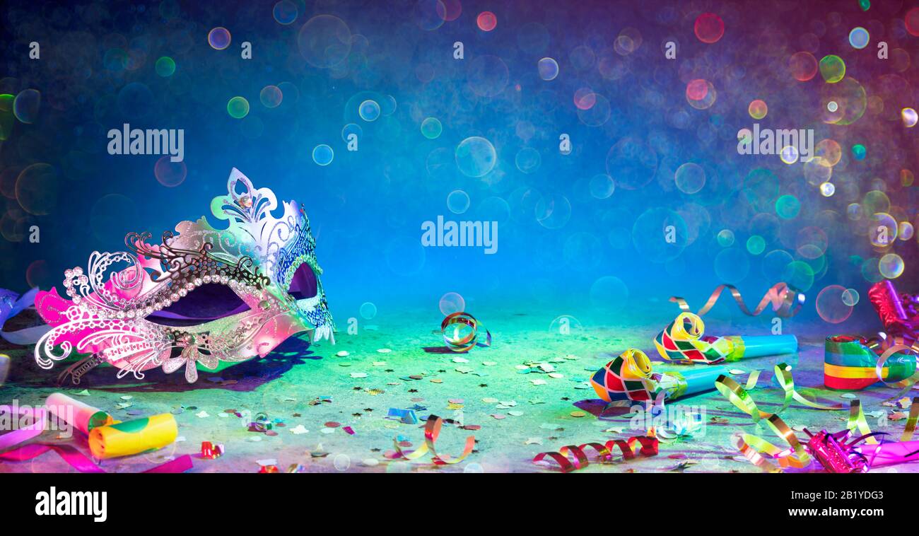 Carnival Colorful Streamer Party Confetti And Mask Stock Photo