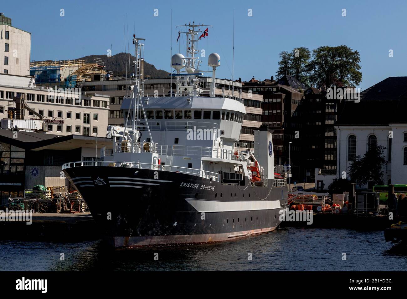 Ocean research vessel Kristine Bonnevie in the port of Bergen, Norway. Owned by the University of Bergen, Institute of Marine Research Stock Photo