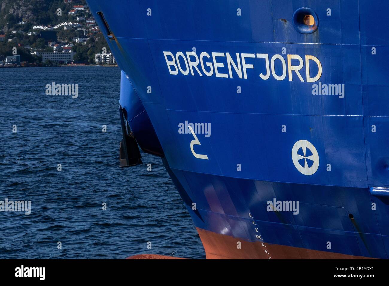 Name on bow of general cargo vessel Borgenfjord. Departing from the port of Bergen, Norway. Vessel ex Eiland ex Huelin Dispatch. Stock Photo