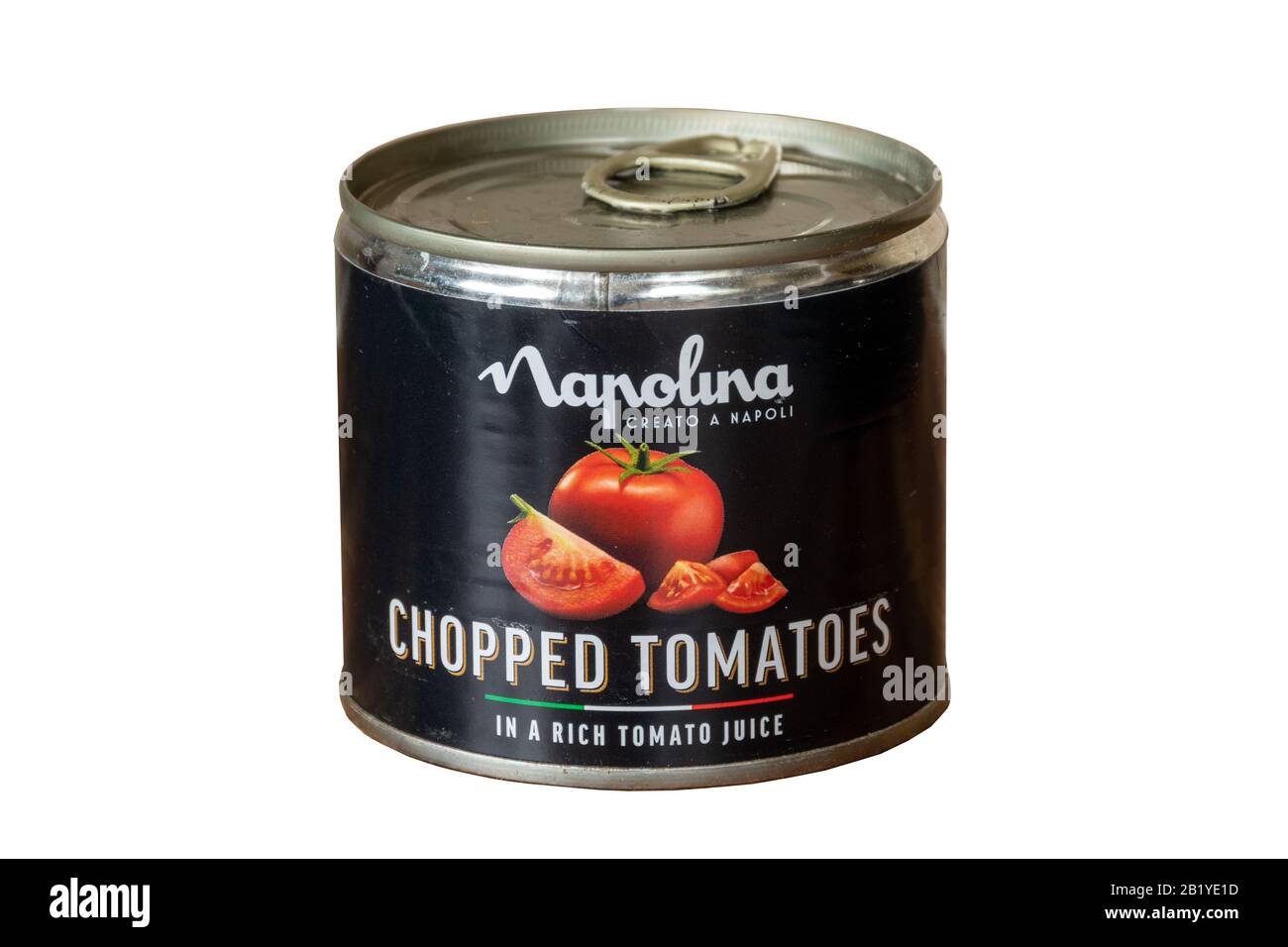 Tin of chopped tomatoes produced by Napolina, cutout on white background, UK tinned or canned food Stock Photo
