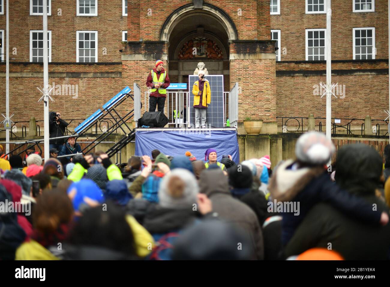 Environmental activist Greta Thunberg speaks during a Youth Strike 4 Climate protest in Bristol. Stock Photo