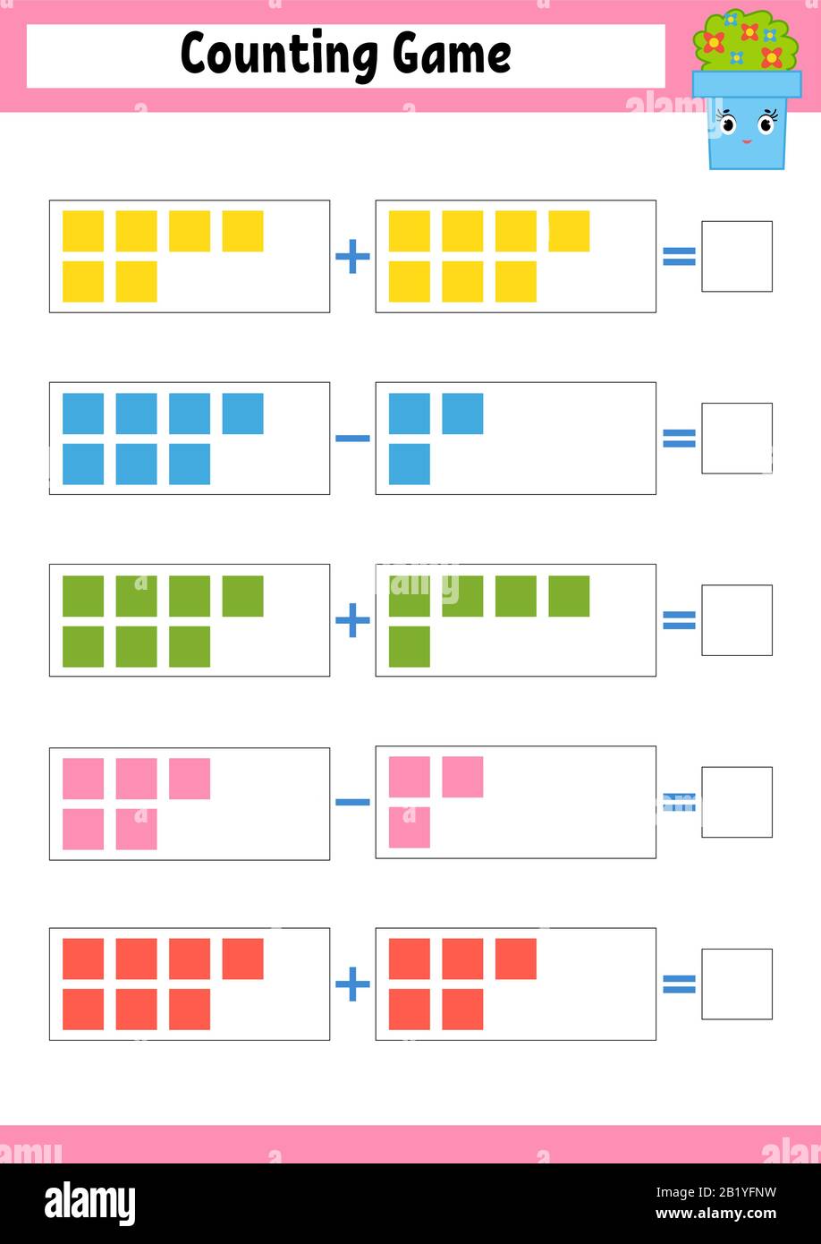 Counting game for preschoolers. Educational mathematical game on addition and subtraction. Active worksheet for kids. Bright vector illustration. Stock Vector