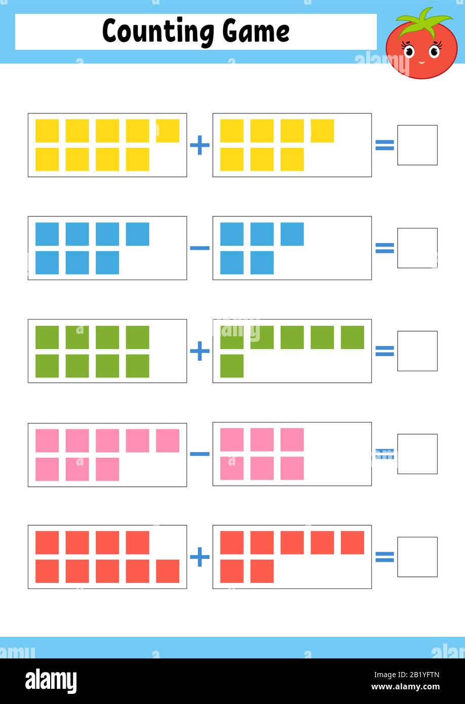 Counting game for preschoolers. Educational mathematical game on addition and subtraction. Active worksheet for kids. Bright vector illustration. Stock Vector