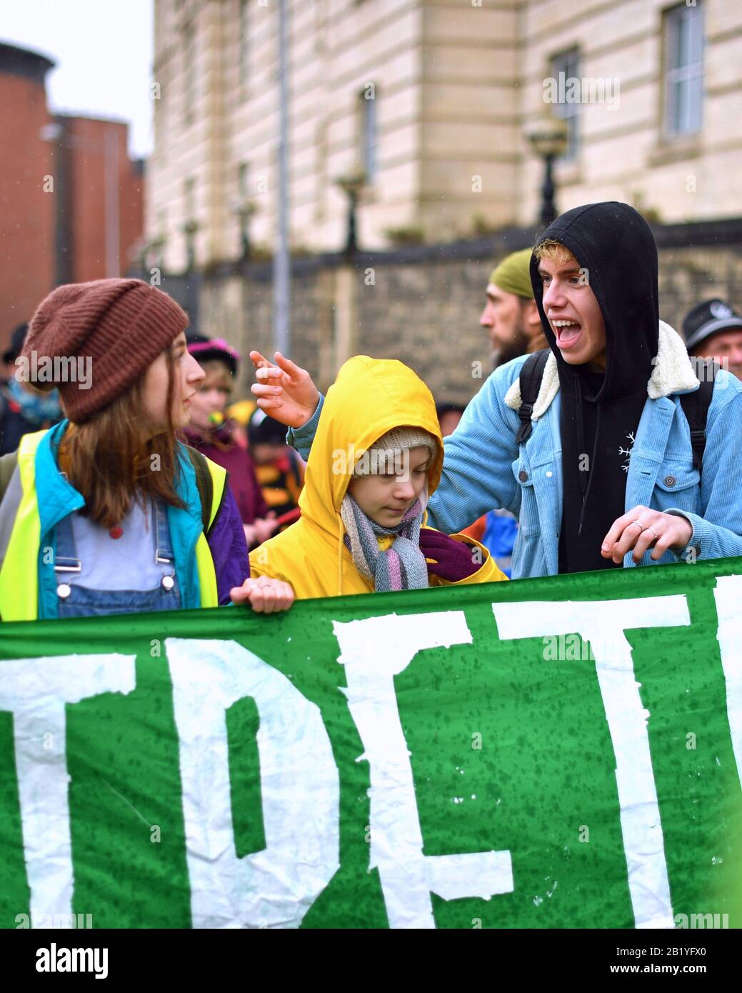 Environmental activist Greta Thunberg (centre) marches during a Youth Strike 4 Climate protest in Bristol. Stock Photo