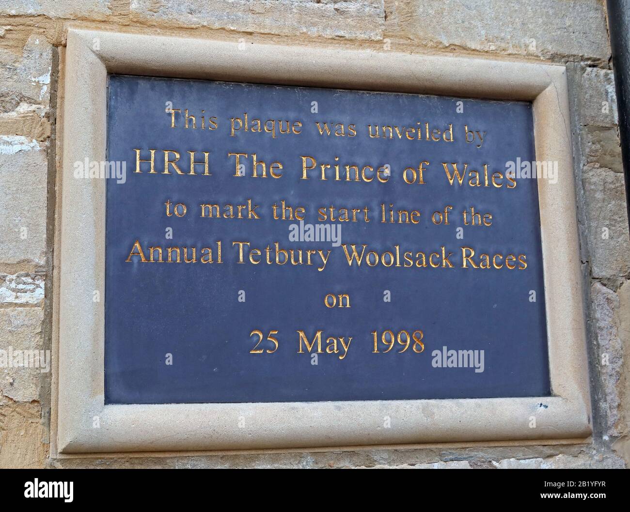 Prince Of Wales - Tetbury Woolsack Races plaque - start line - Tetbury, Gloucestershire, Cotswolds, South West,England, UK Stock Photo