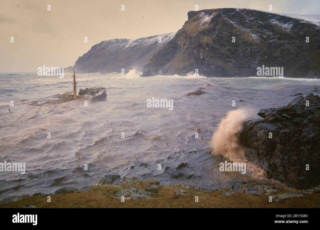 MV Braer aground on the coast of Shetland in January 1993 during most intense extratropical storm on record for the north Atlantic. Stock Photo