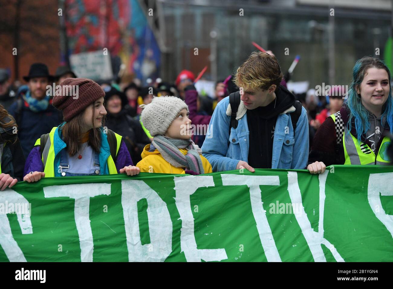 Environmental activist Greta Thunberg (second left) marches during a Youth Strike 4 Climate protest in Bristol. Stock Photo