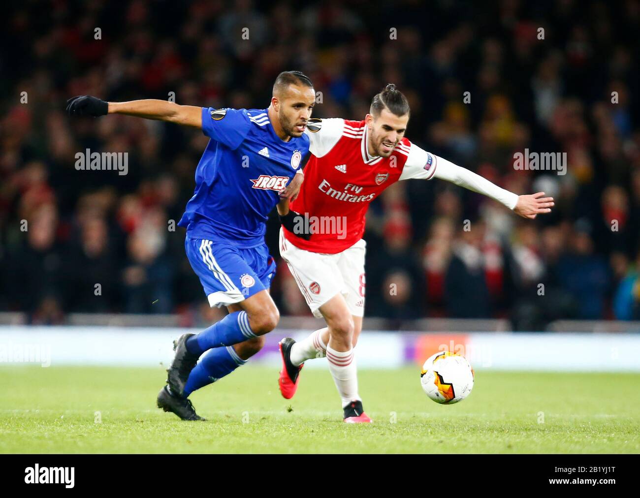 LONDON, United Kingdom, FEBRUARY 27 L-R Youssef El-Arabi of Olympiacos and  Dani Ceballos of Arsenal during Europa League Round of 32 2nd Leg between A  Stock Photo - Alamy