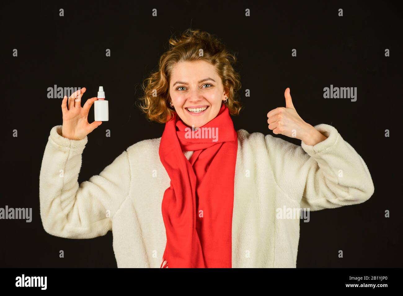 Acute respiratory viral. sick woman with nasal spray. influenza