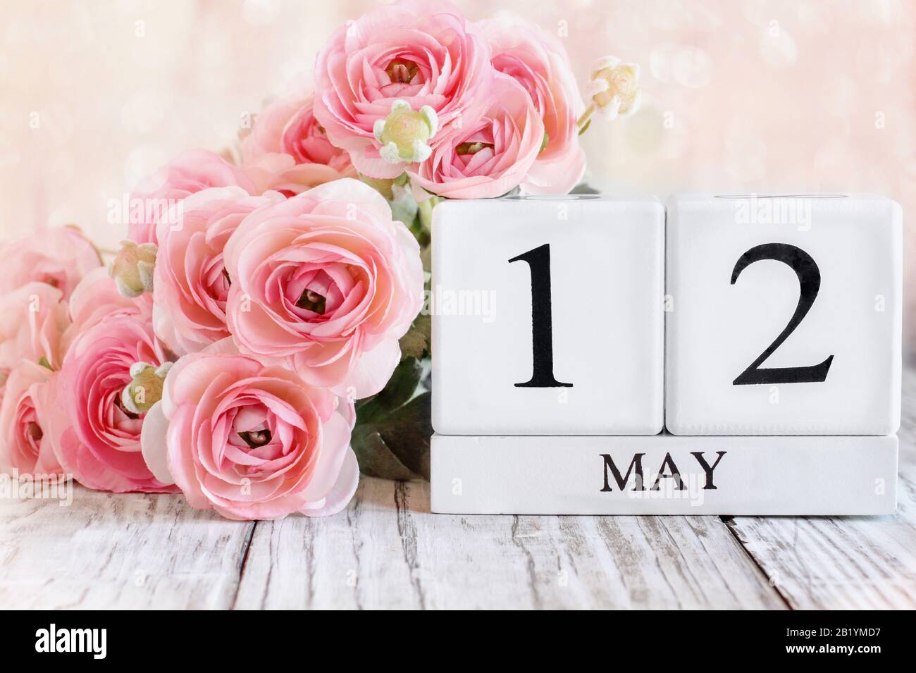 White wood calendar blocks with the date May 12th and pink ranunculus flowers over a wooden table for International Nurses Day.. Selective focus with Stock Photo