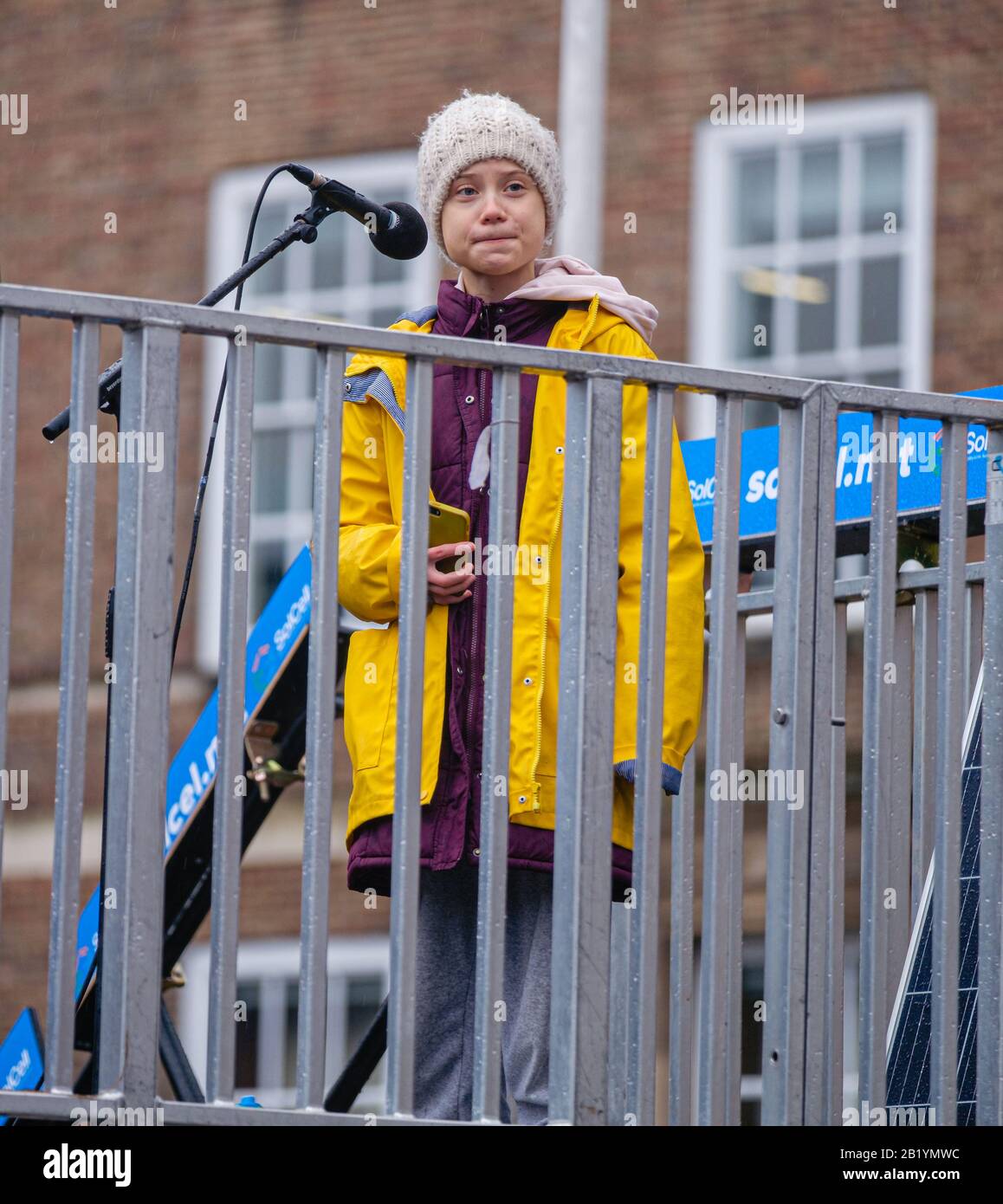 Greta Thunberg speaking at the Bristol Youth Strike 4 Climate demonstration at College Green, Bristol - on 28 February 2020 Stock Photo