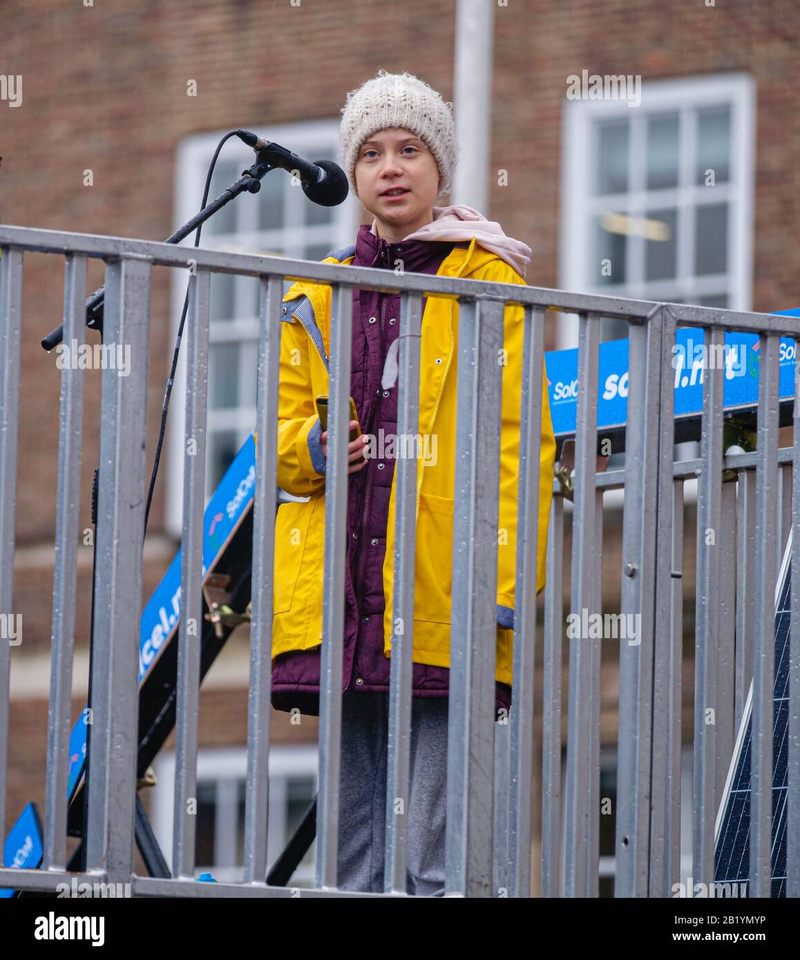 Greta Thunberg speaking at the Bristol Youth Strike 4 Climate demonstration at College Green, Bristol - on 28 February 2020 Stock Photo