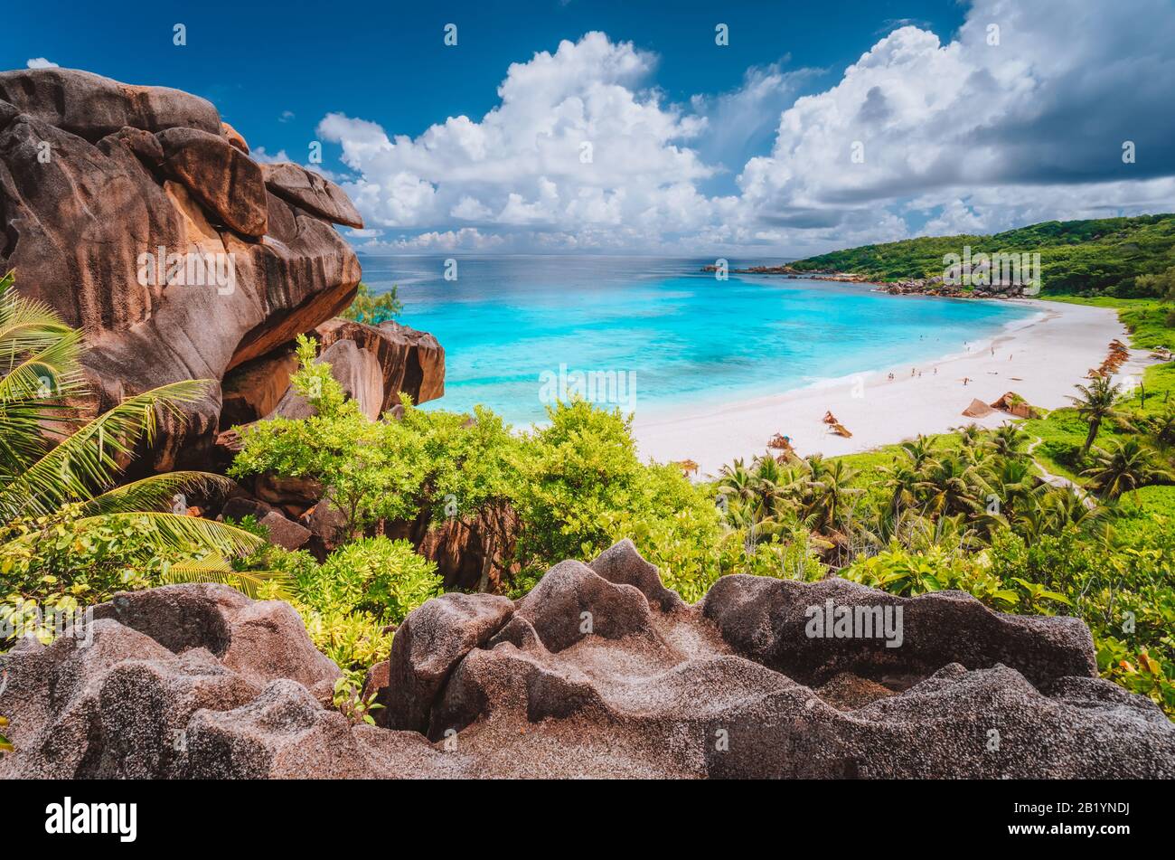 Panorama view of most spectacular tropical beach Grande Anse on La Panorama view of most spectacular tropical beach Grande Anse on La
